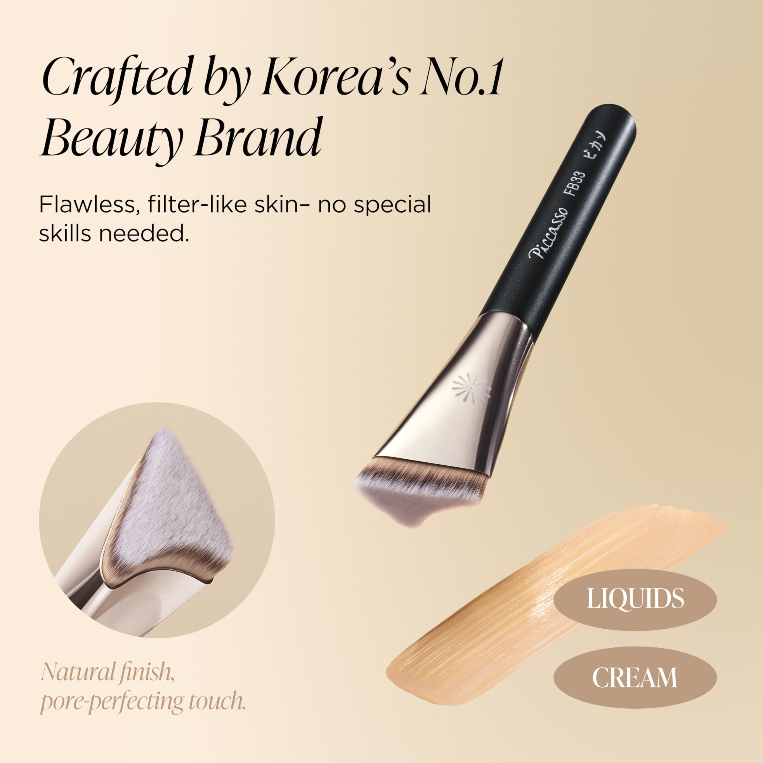 Piccasso FB33 Foundation Brush – Tapping Cover Brush for Liquid & Cream Foundation, Fills Pores with Soft Bristles for Smooth and Flawless Face Makeup, Professional Korean Beauty Tool