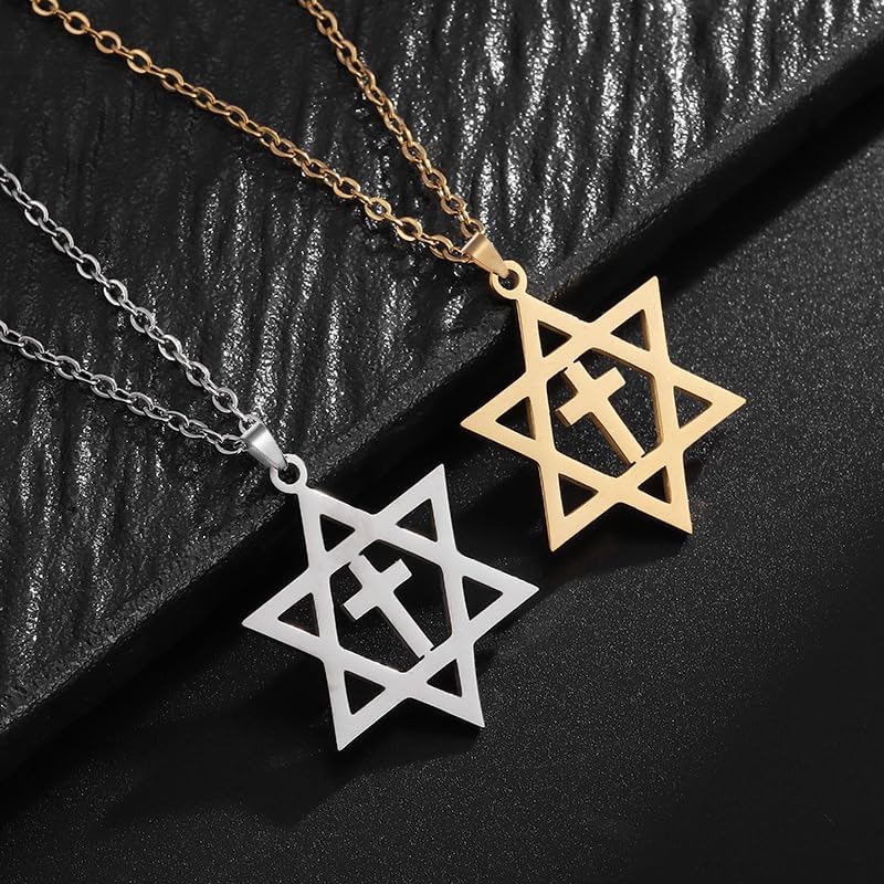 POYAMUSE Star of David Cross Pendant Necklace for Women Men - Stainless Steel Jewish Cross Necklace, Gold Silver Star of David Pendant Necklace for Women and Men - Image 5