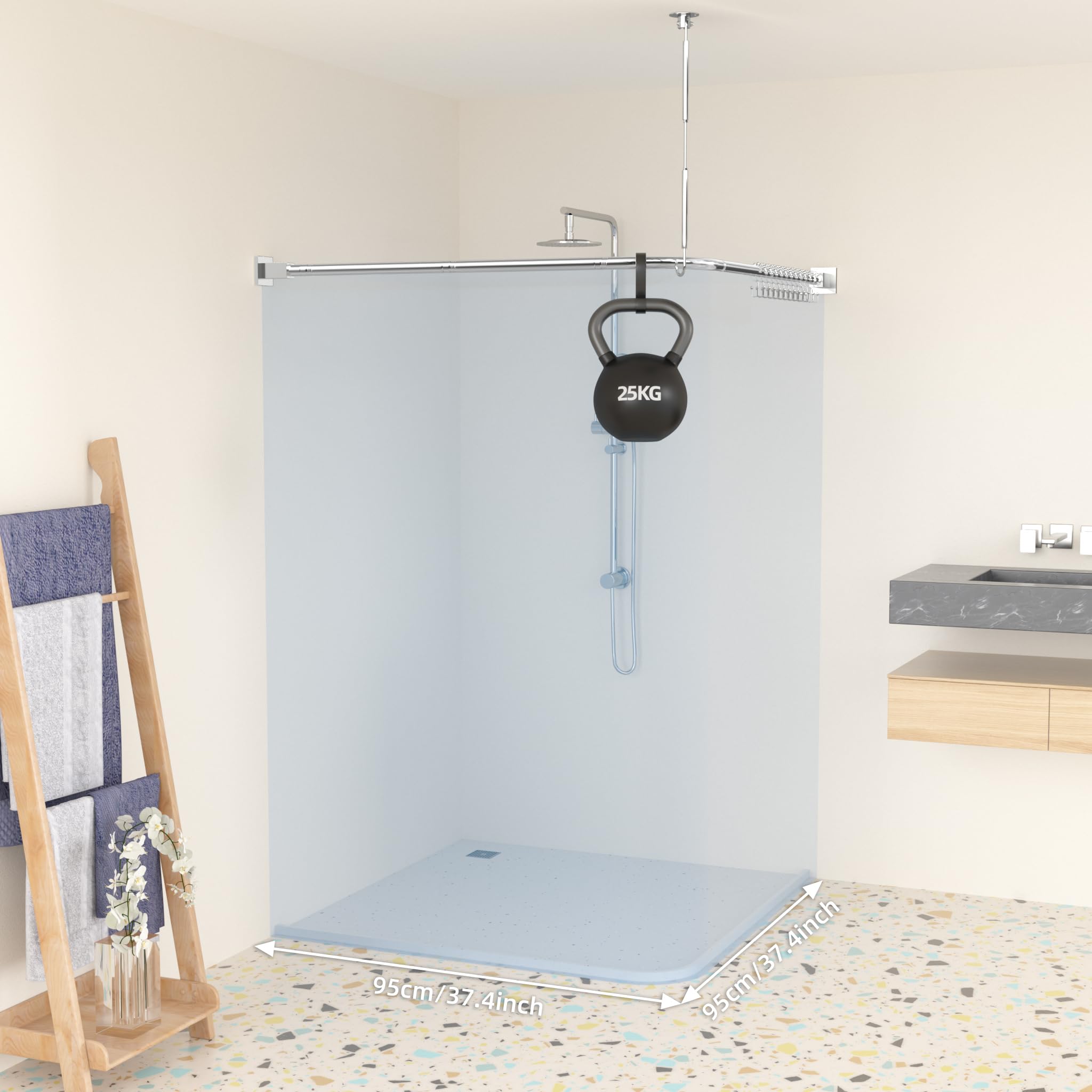 Duschvorhangstange L Form 95 x 95 cm ohne Bohren - 304 Rostfreier Edelstahl - Duschstange für Badewanne & Dusche - inkl. 12 Ringe
