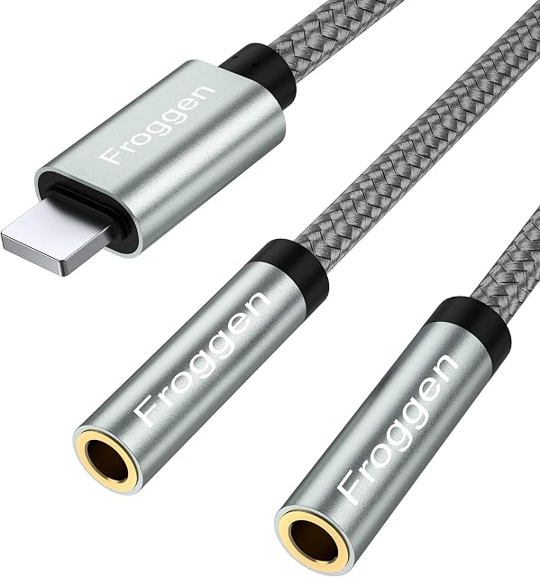 Froggen Lightning to 3.5 mm Headphone Jack Adapter, iPhone to 2 Ports 3.5mm Female Headset Splitter Nylon-Braided Audio Stereo Y Splitter Compatible with iPhone 12 11 XR XS X 8 7 6 (35cm)