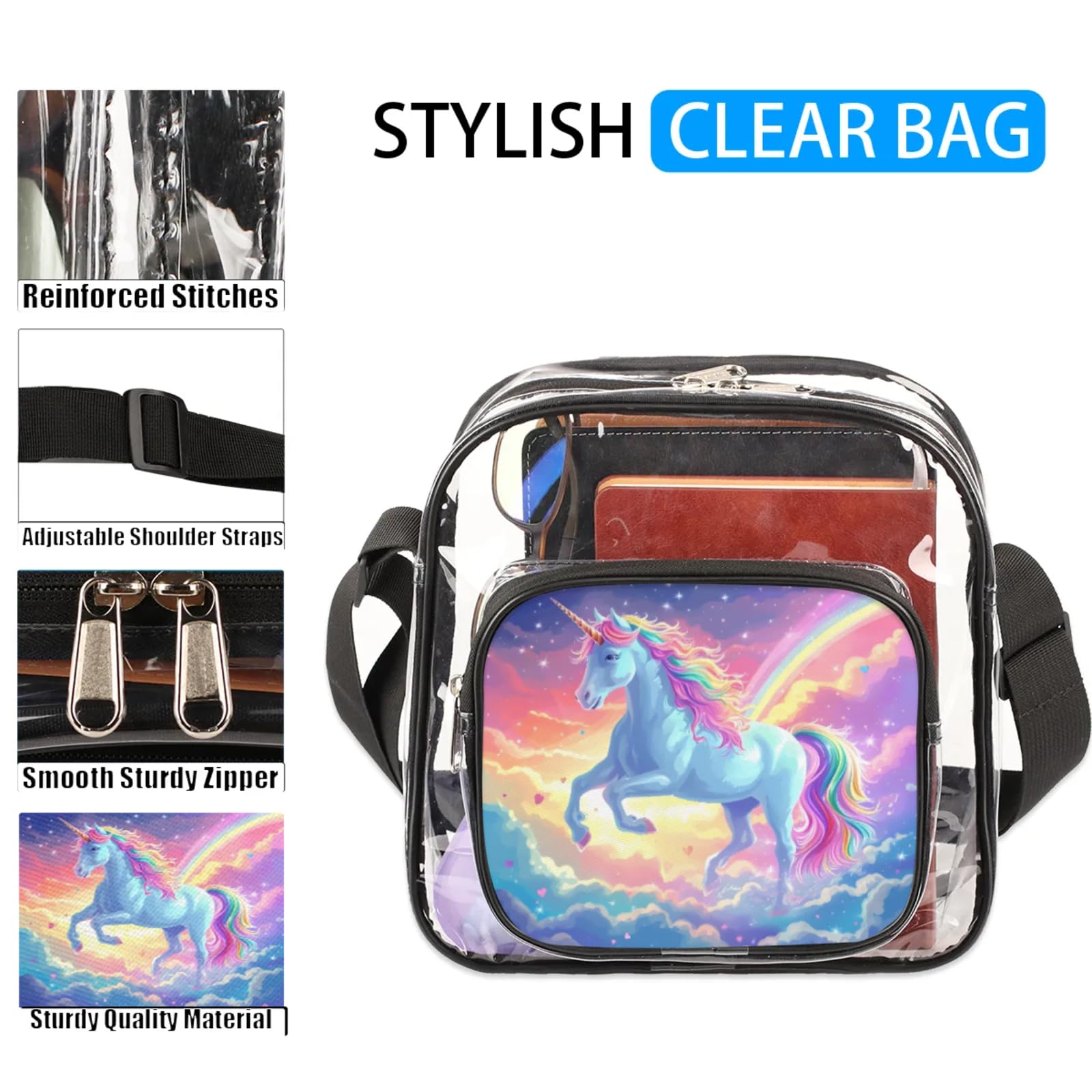Clear Crossbody Bag Stadium Approved Animal Unicorn Rainbow Transparent Bag for Festivals, Sports Events, Concerts,Beach Bag for Women Men Clear Purse with Front Pocket Messenger Bag