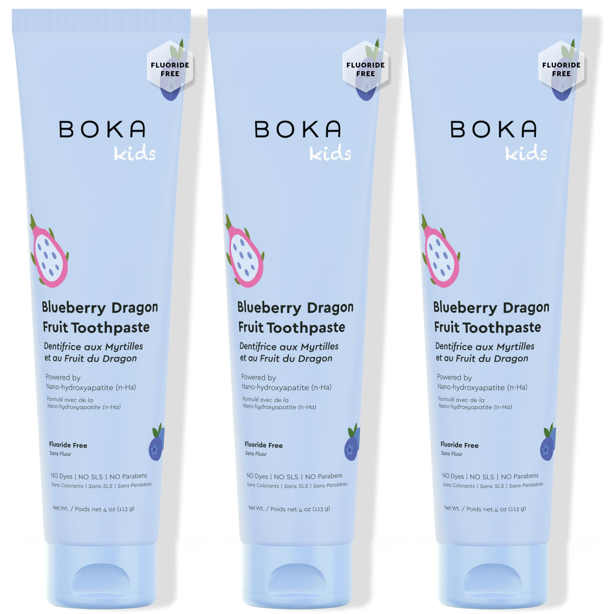 Boka Fluoridfreie Zahnpasta, Nano-Hydroxylapa-Zahnpasta, Blaubeer-Drachenfruchtgeschmack, 118 ml, 3 Stück