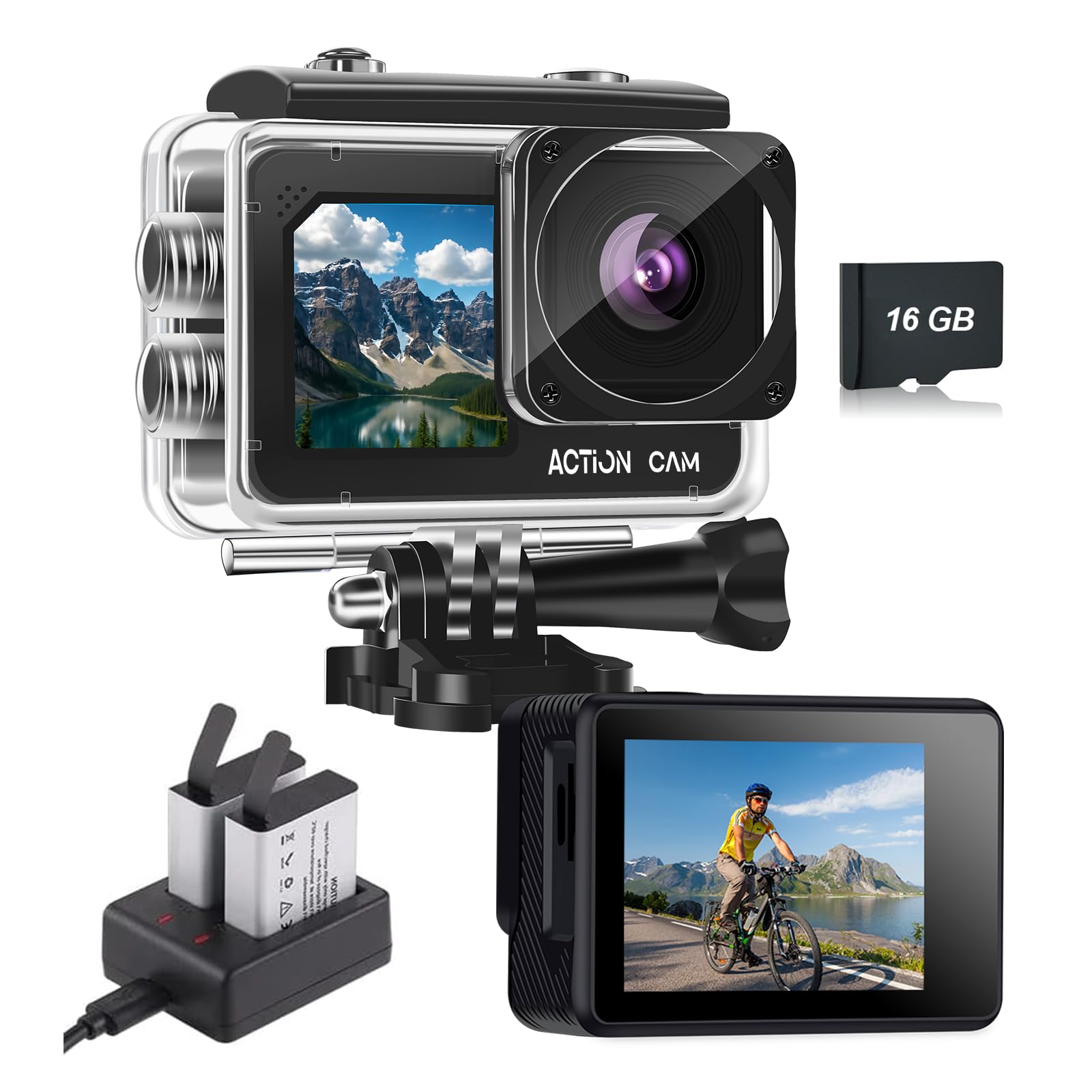 Action Cam FHD 1080P Dual Screen Unterwasserkamera Wasserdicht bis 40M Actionkamera mit 2×1050 mAh Akkus Zubehör-Set Black