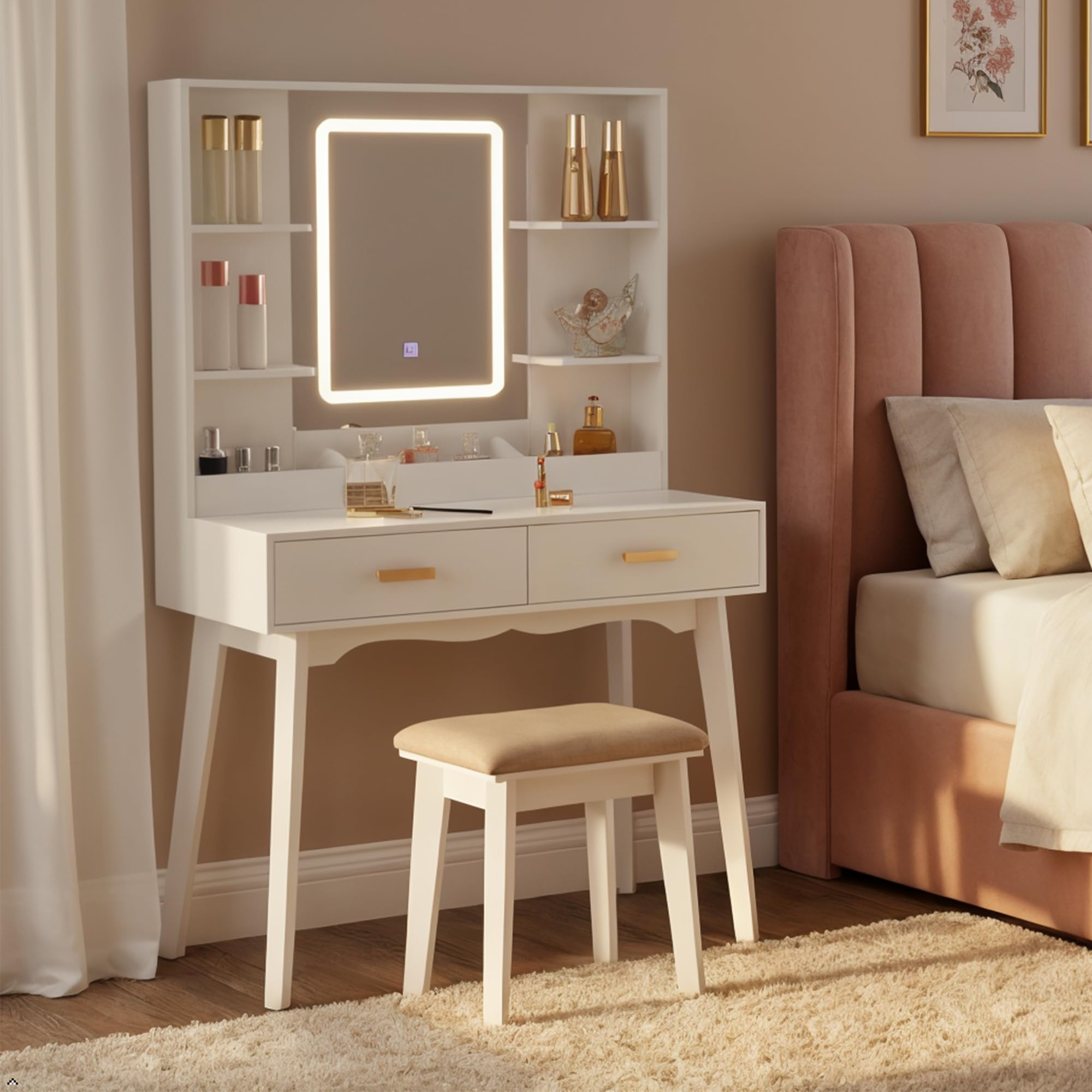BEWISHOME Coiffeuse Blanc avec Miroir LED, Plateau en Verre, 9 Tiroirs de Rangement, 2 Ports USB BEWISHOME Coiffeuse Blanc avec Miroir LED, Plateau en Verre, 9 Tiroirs de Rangement, 2 Ports USB