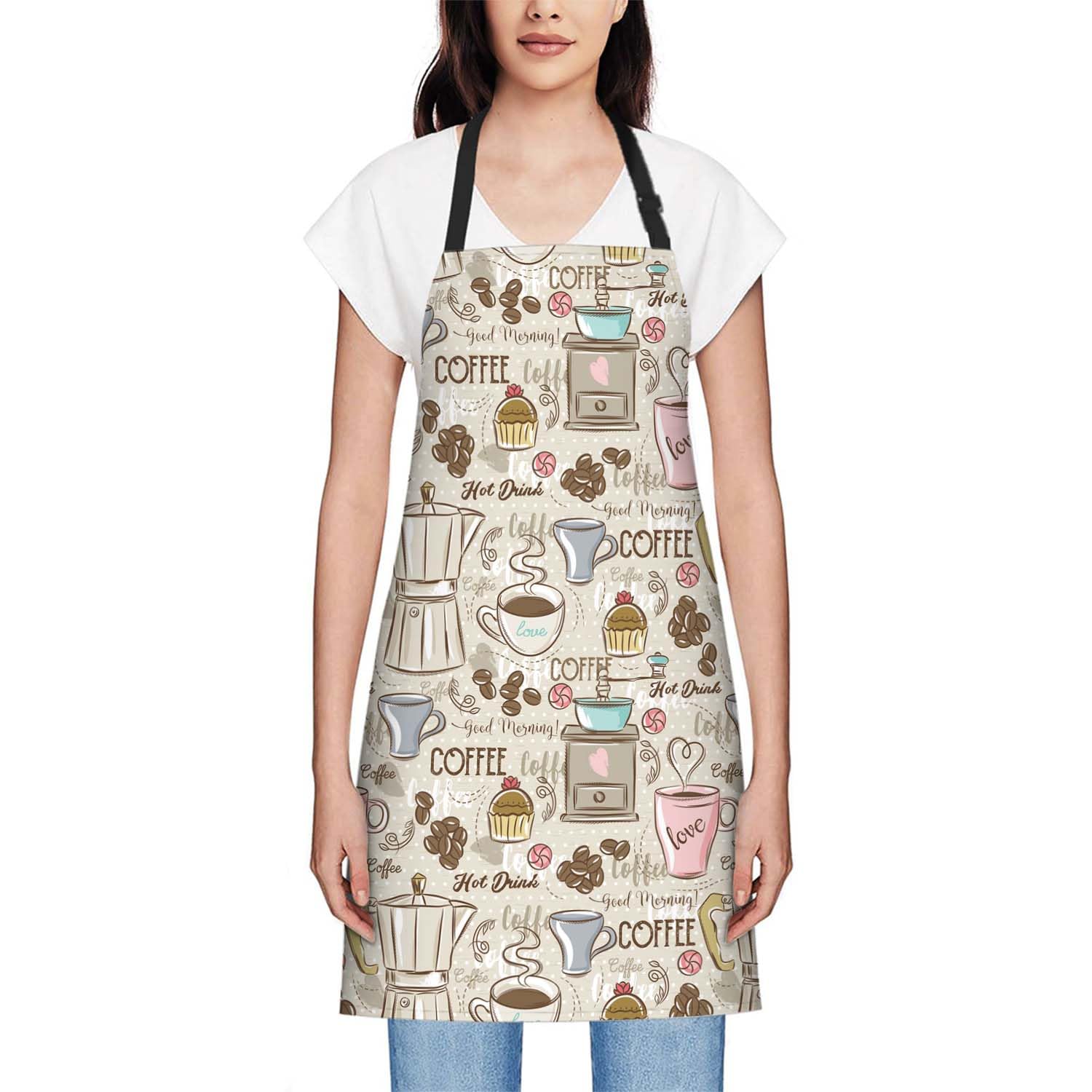 Smooffly Coffee Set Patterns Apron Adjustable Bib Chef Aprons Cooking Apron Unisex Women Men Aprons Perfect for Home Kitchen Baking - Image 2