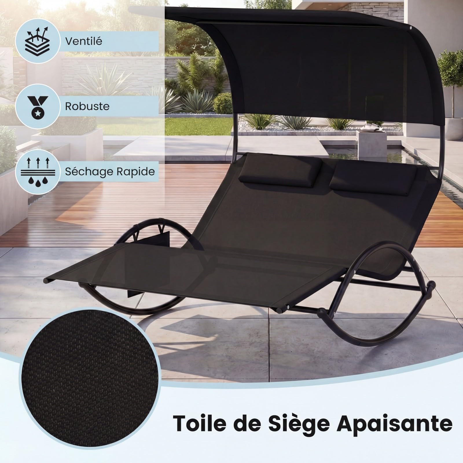 COSTWAY Chaise Longue Extérieur à Bascule, Transat à Bascule pour 2 Personnes, Lit de Repos 2 Places avec Auvent Pare-Soleil et 2 Oreillers Amovibles, Cadre en Métal Robuste, Charge 300 KG (Noir)