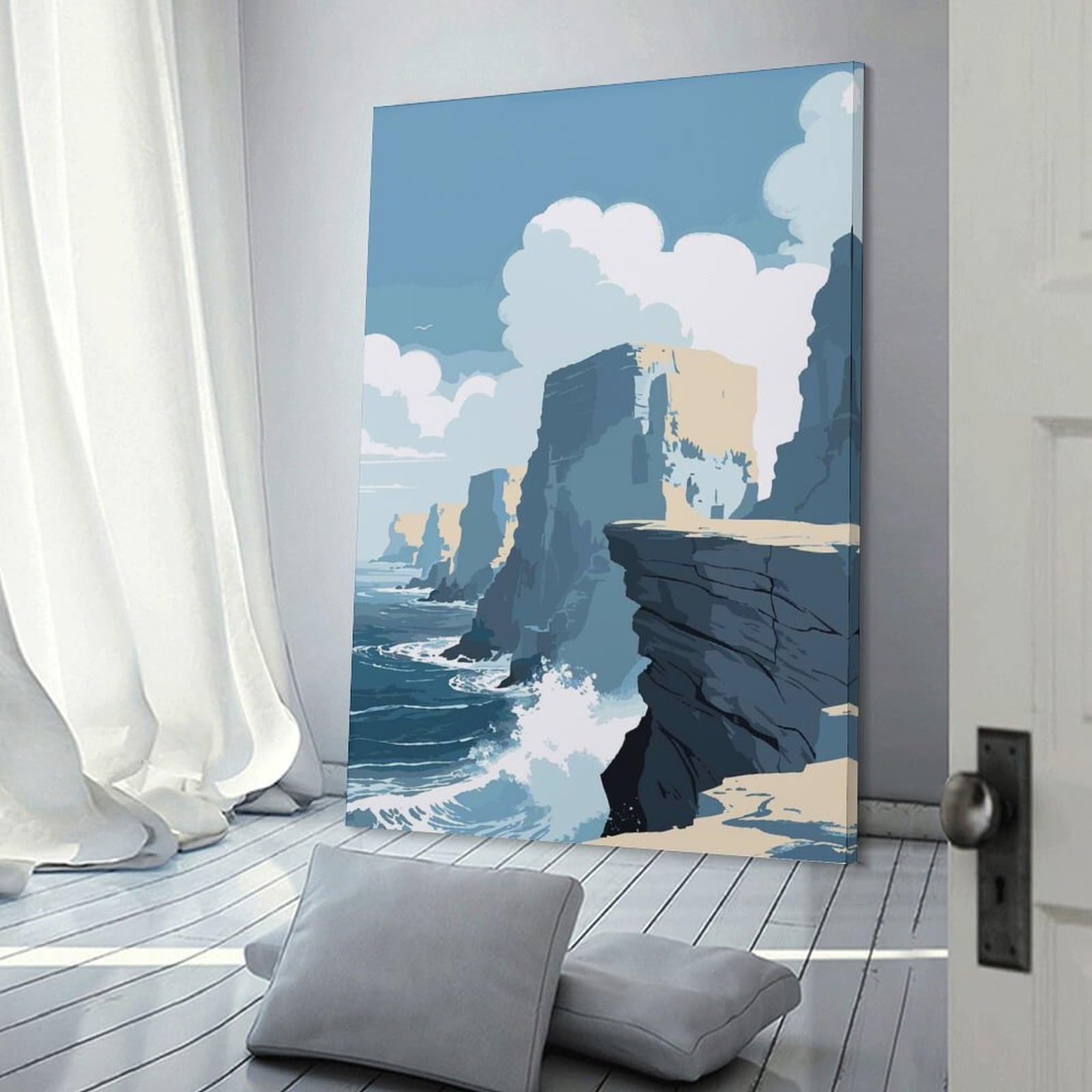 Junmoney Coastal Cliffs Landscape Illustration Wall Art Print 24x36inch(60x90cm), for Hallway, Entryway Or Landing, Wall Decor to Refresh Empty Corners, for Cosy Room Updates