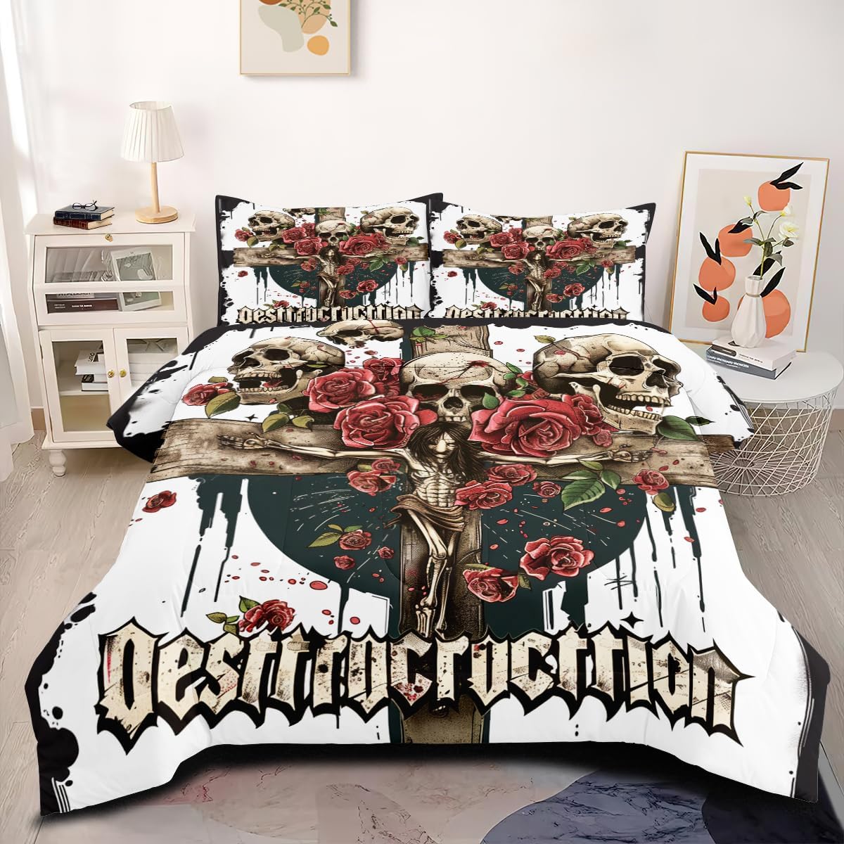 ブラック ホワイト スカル 掛け布団セット クイーンサイズ ロマンチック ローズ スケルトン 掛け布団 キッズ 男の子 女の子 レッ