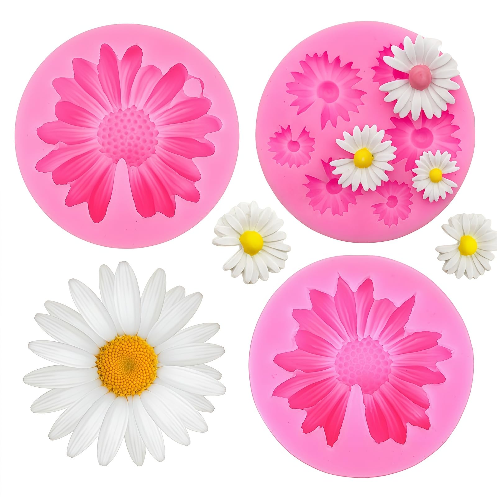 Samheng 3 Pcs Daisy Flower Mould, Silicone Fondant Moulds, Reusable 3D Candle Moulds For Soap Candy Chocolate Cake Decoration