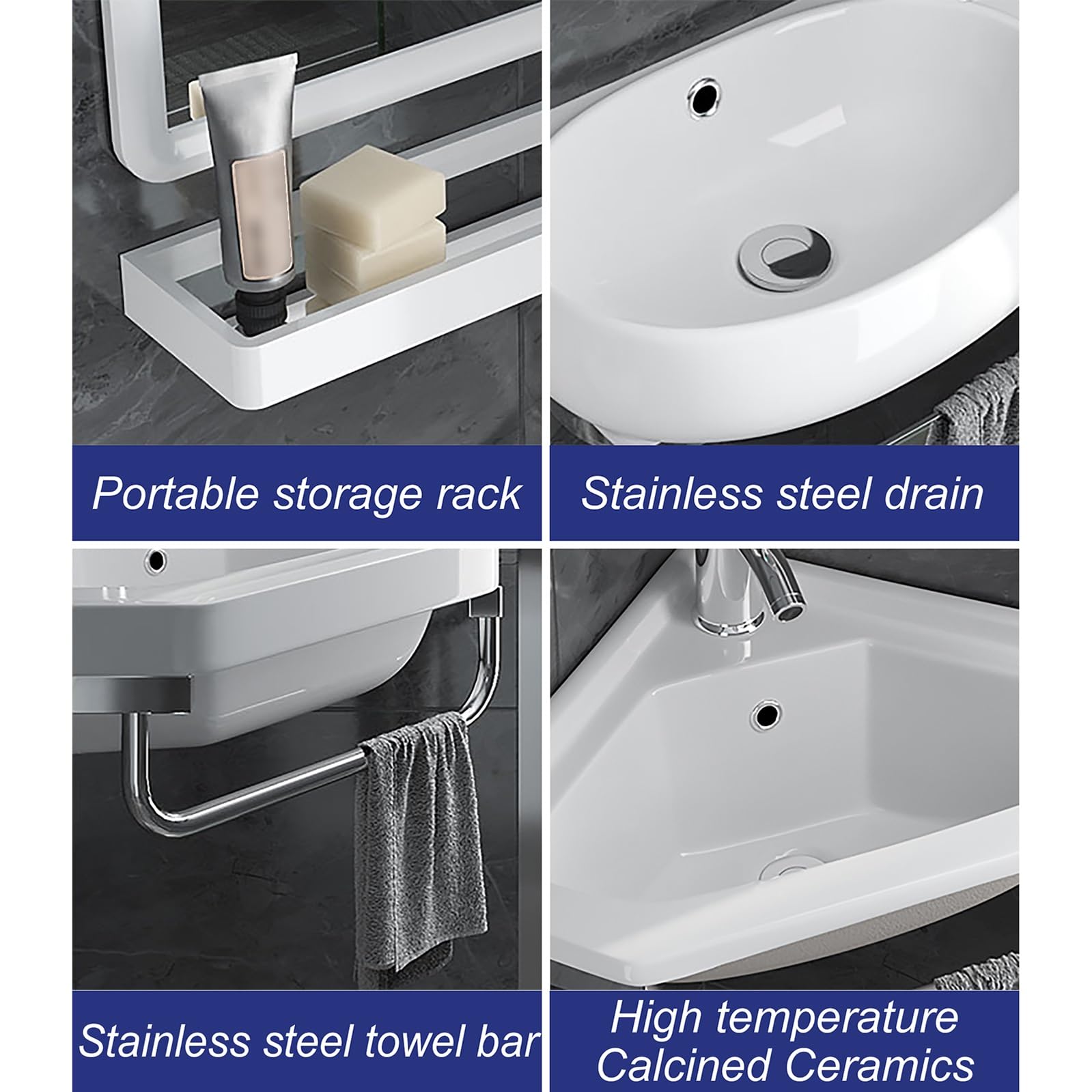Lavello da bagno moderno ad angolo da 25,4 cm, piccolo lavabo da parete con rubinetto di scarico barra per asciugamani per cucina bagno fattoria