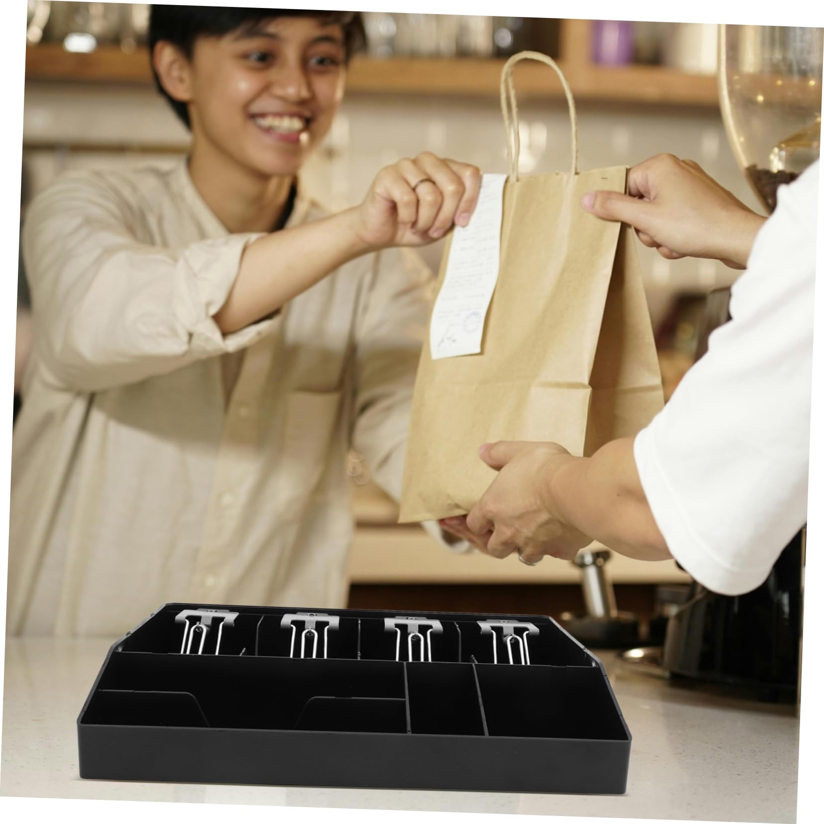 Kassenbox Sowie Clip Kassenschublade Schwarz aus Abs und Metall mit Mehreren Fächern mit Drei Münz und Drei Scheinfächern für Kleinunternehmen Geeignet für Geschäfte