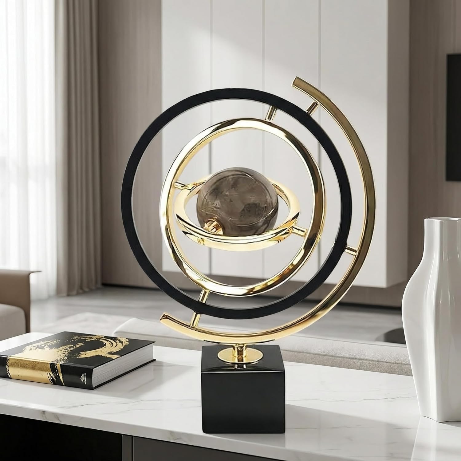 Modern Abstract Metal Globe Sculpture Ornament – Black & Gold Rectangular Base Desk Decor, Tabletop Art Piece for Home Office Shelf Living Room, Unique Housewarming Gift - Image 4