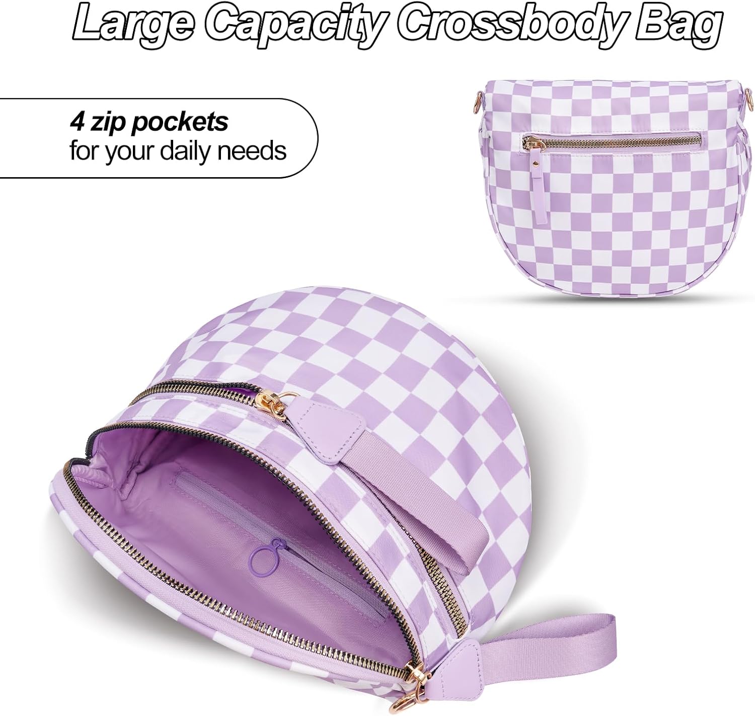 Checkered Crossbody Bag,Nylon Bum Bags for Women Crossbody,Spacious Sling Bag Purse Fanny Packs with Shoulder Strap - Image 5