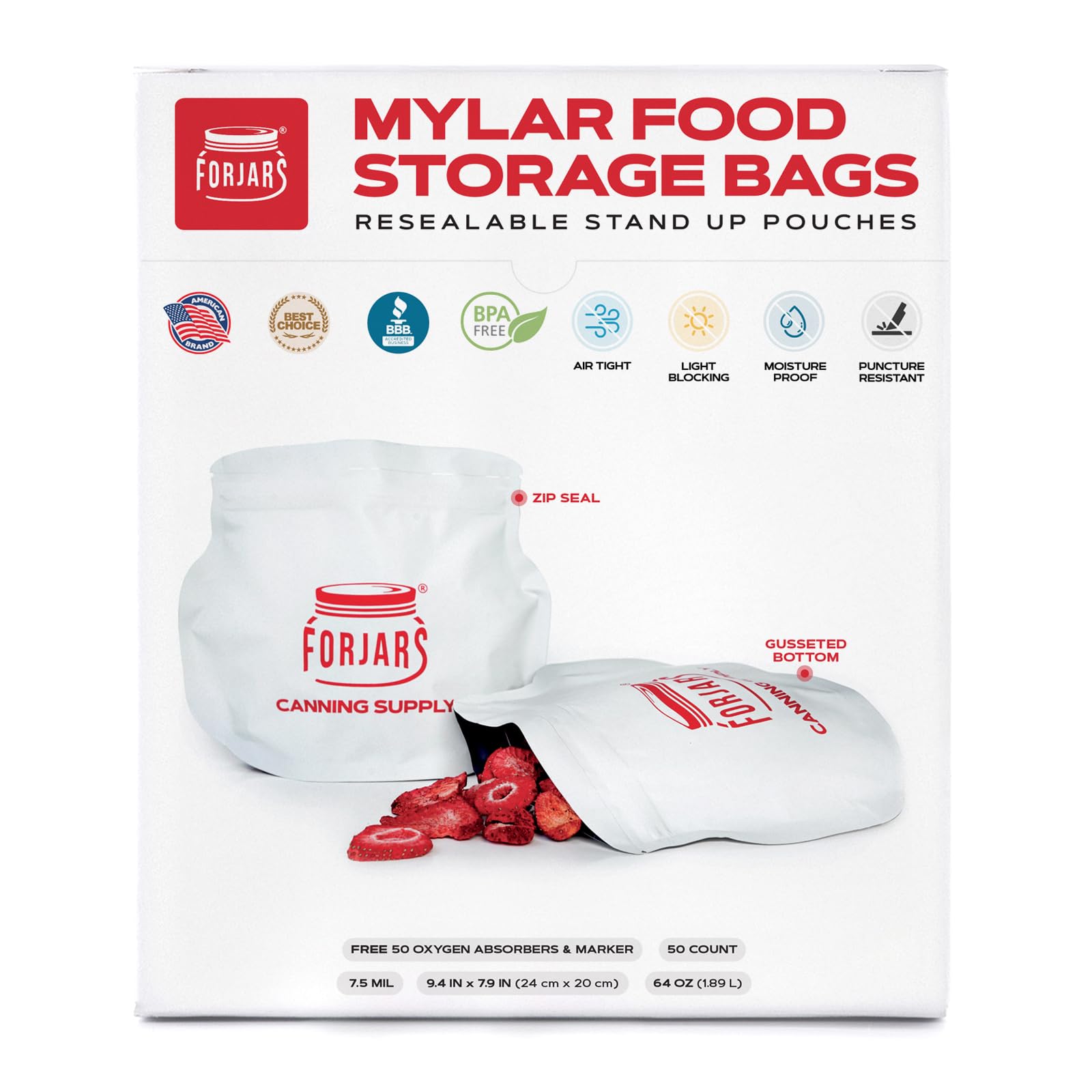 FORJARS Extra Thick Mylar Bags for Food Storage - Smell Proof, Long Term-Food with Oxygen Absorbers, For Canning, Ziplock, Safe for Freeze (64oz-50pcs