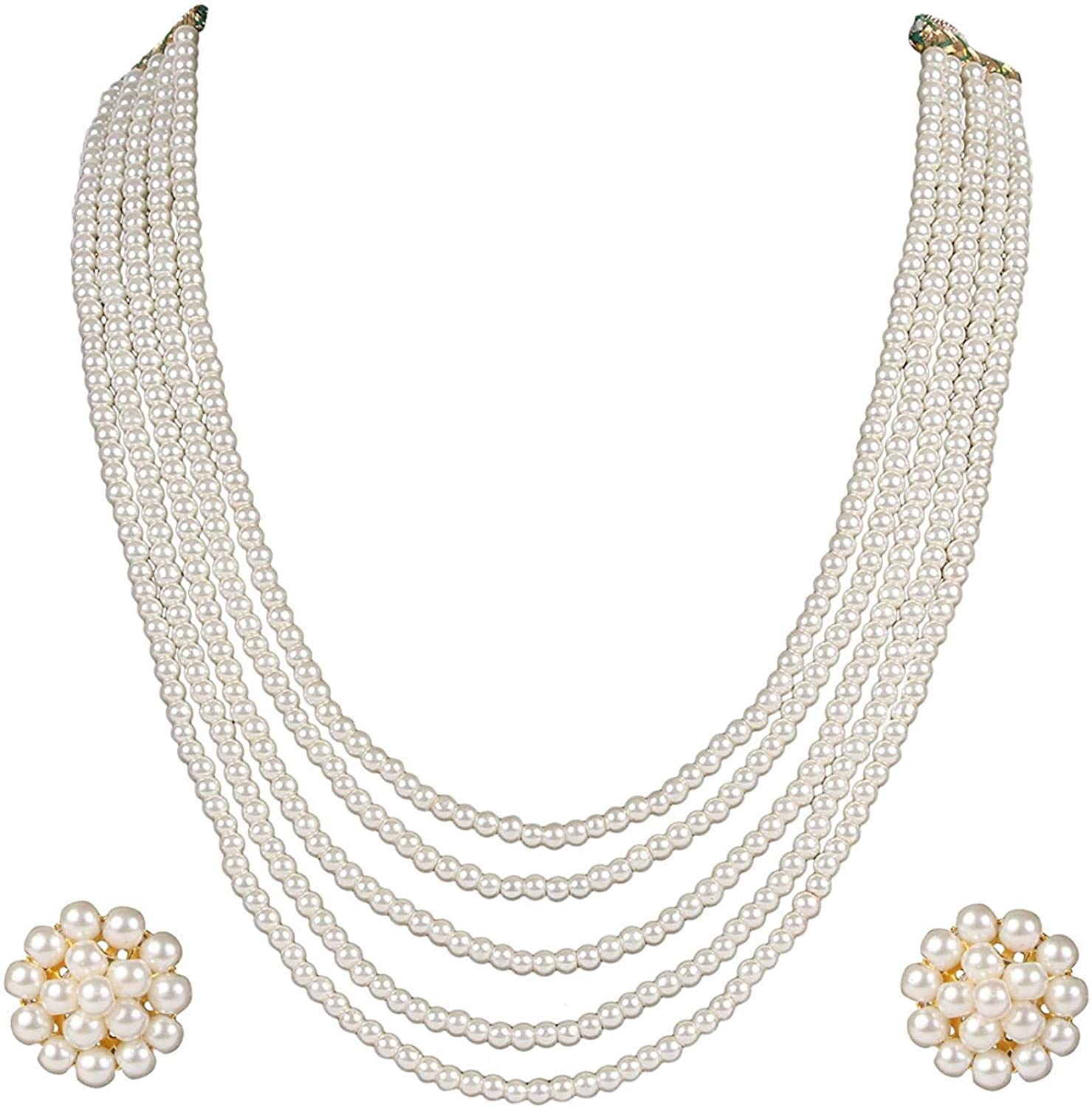 Ratanshala - Semi Precious GemStone Pearl Beads 5 Layer Necklace with Stud Earring Multi Strand Off-white Colour 16" Mala for Girl and Women Fashion Jewellery (B091FQHQMG) Amazon Price History, Amazon Price Tracker