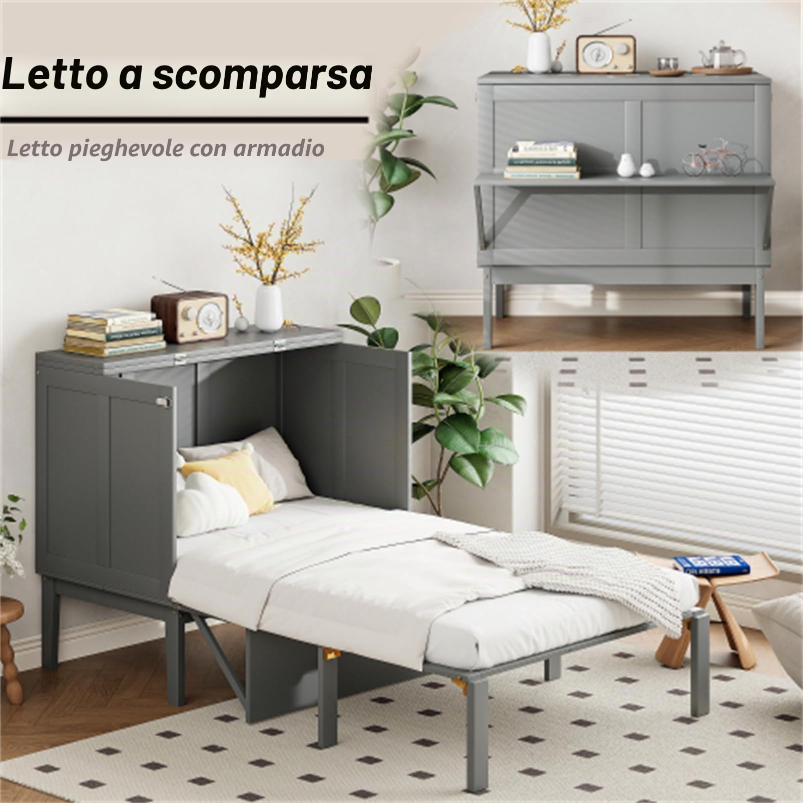 Letto verticale per armadio con rete a doghe, pieghevole da parete per adulti e ragazzi, letto singolo, per camera da letto, letto degli ospiti, in legno, struttura del letto, grigio, 90 x 200 cm
