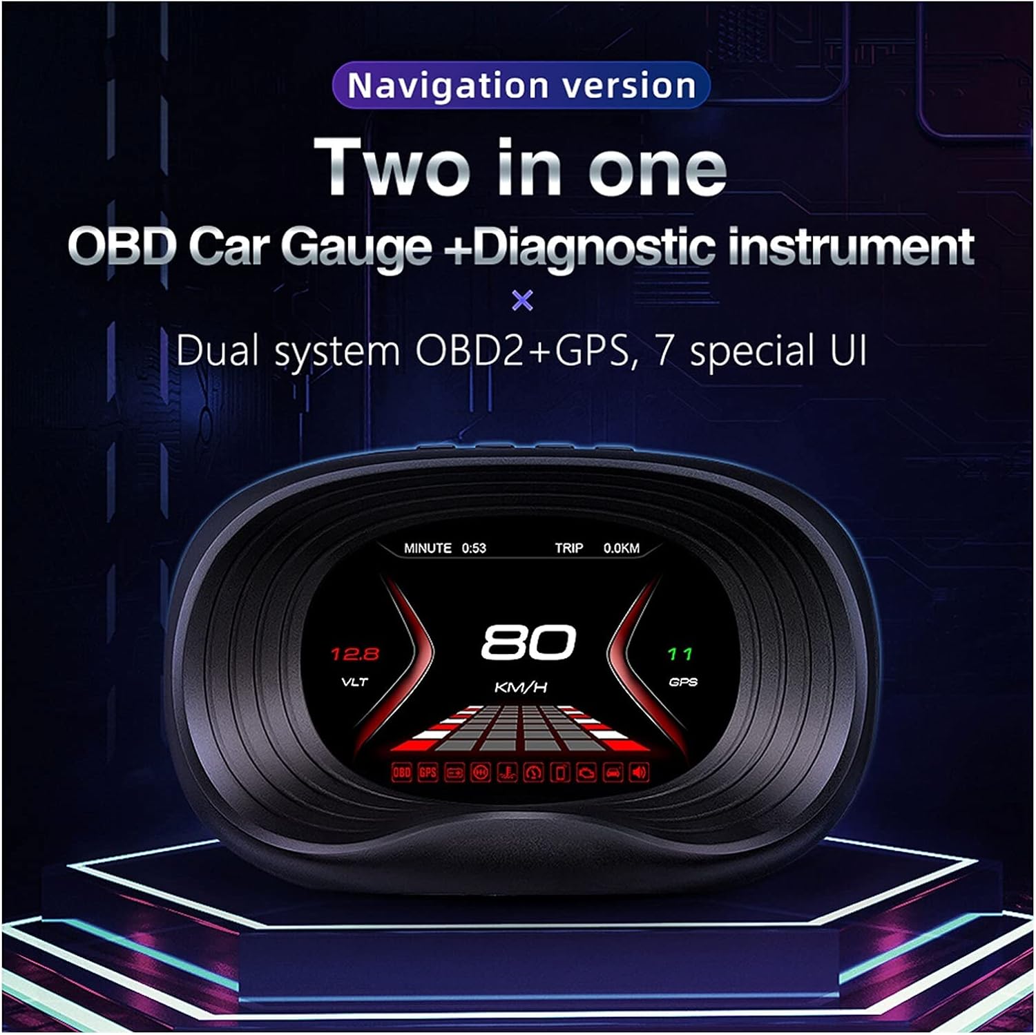 OBD2 GPS Diagnostic Car Head-Up Display Dashboard Windshield HUD Car Speed Projector RPM Temperature Over-time Driving Alarm