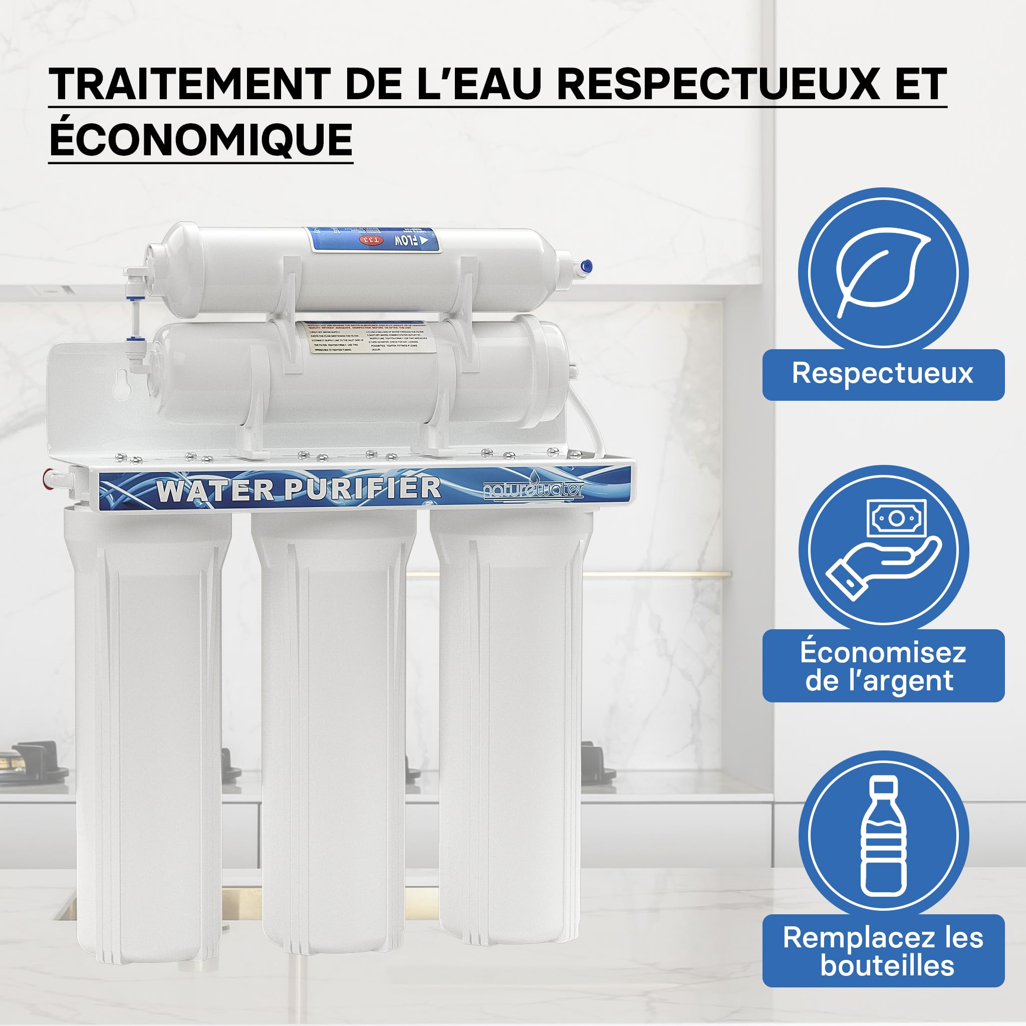 Naturewater NW-PR305 Filtre à eau potable – 410 x 135 x 450 mm – 5 Étapes – 360 L/h – avec Robinet, Vanne 3 voies, Cartouche PP Sédiments, Charbon actif – Filtration Purification Bactéries Pesticides