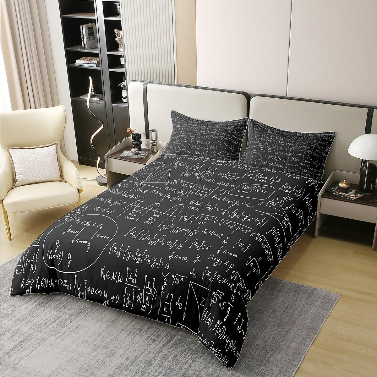 Loussiesd Math Theme Bettbezug Set Mathematical Formula Baumwolle Bettwäsche Set 135x200cm Geometrie Streifen Numbers Betten Set für Kinder Jungen Mädchen Weich Baumwolle Schwarz Weiß Bettwäsche-Set