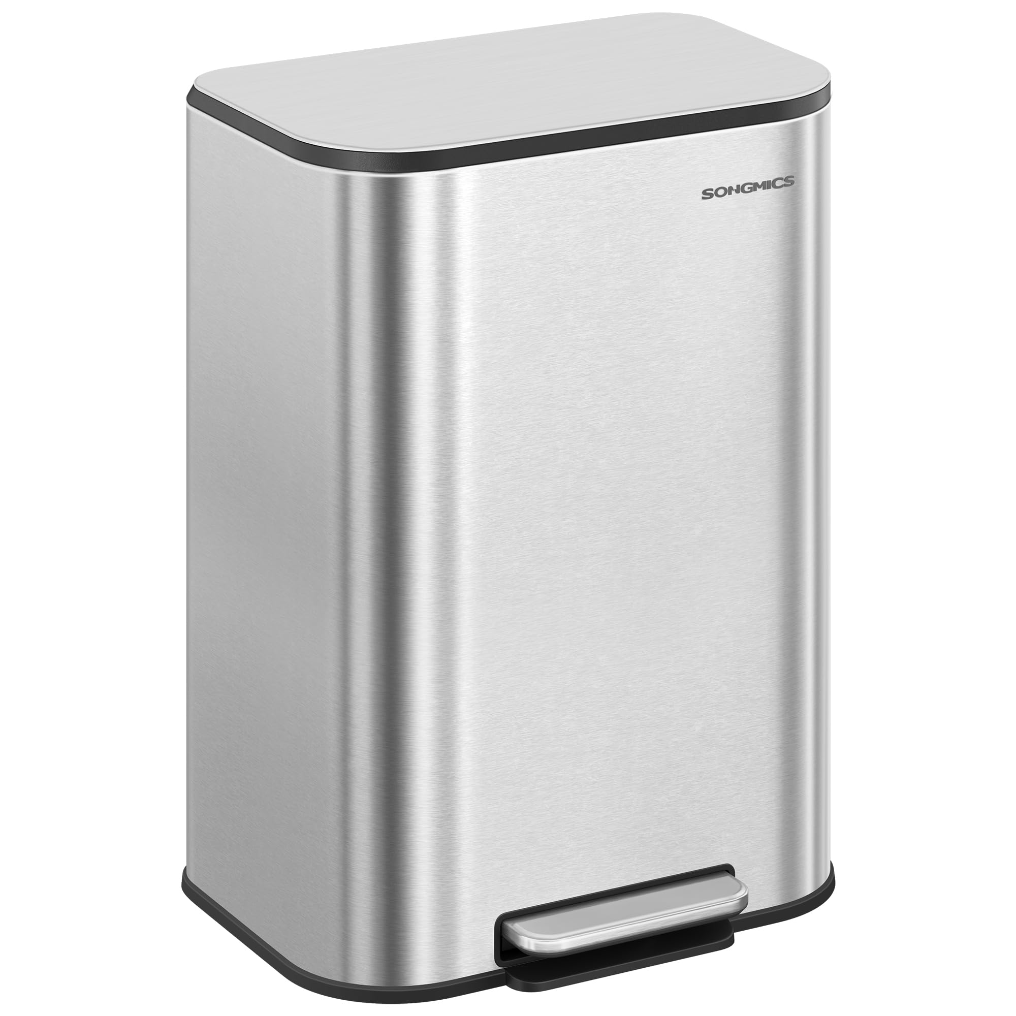 SONGMICS Kitchen Trash Can, 13-Gallon (50 L) Garbage Can with Lid, Stainless Steel, Soft Close and Stays Open, Inner Bucket, Wide Non-Slip Pedal, Metallic Silver ULTB547E01