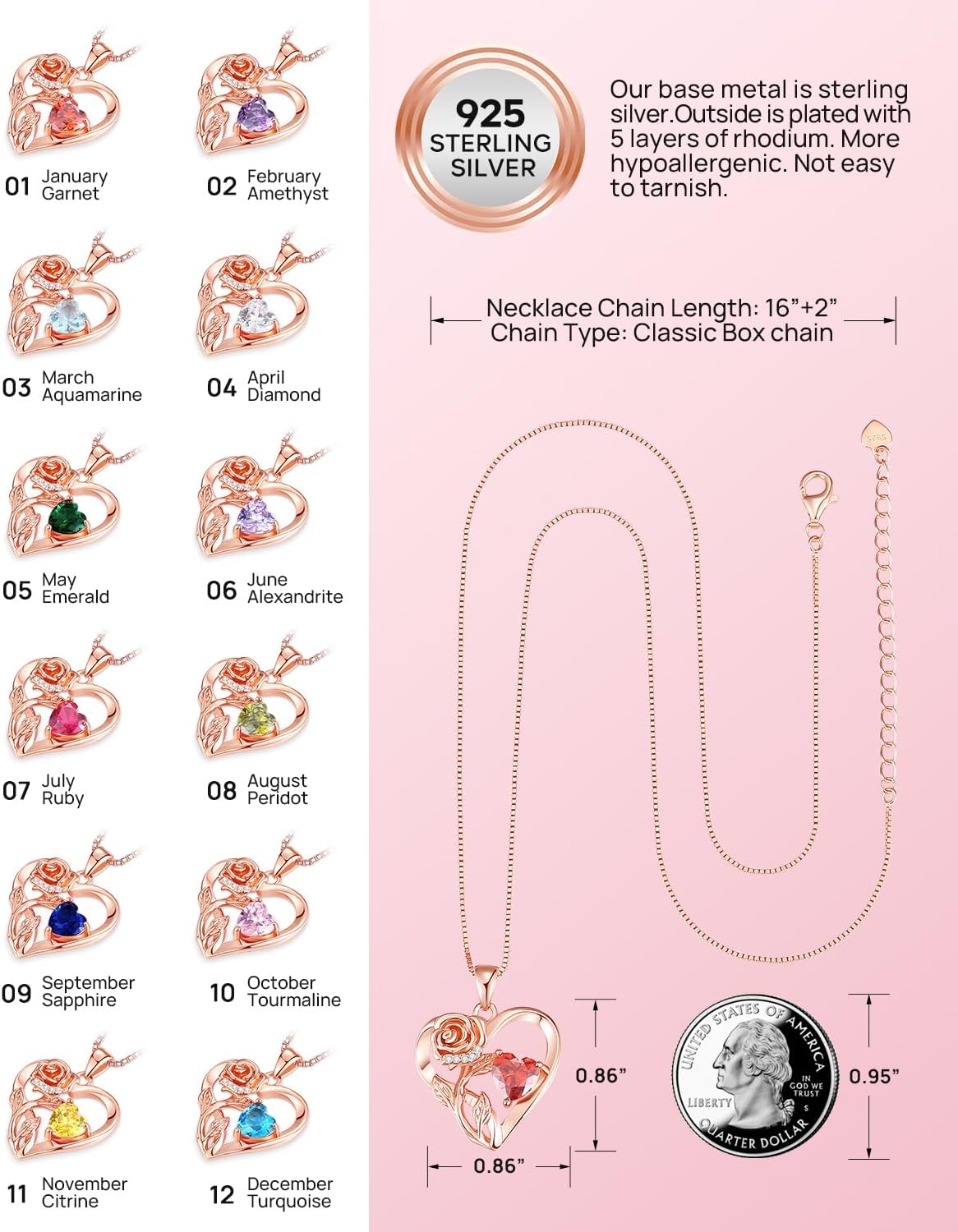 Infinity Rose Flower Heart Necklaces for Women 925 Sterling Silver Anniversary Jewelry for Her Love Gifts for Wife Sister Grandma Mom Mothers Day Valentines Birthday Christmas Rose Gold Birthstone - Image 6