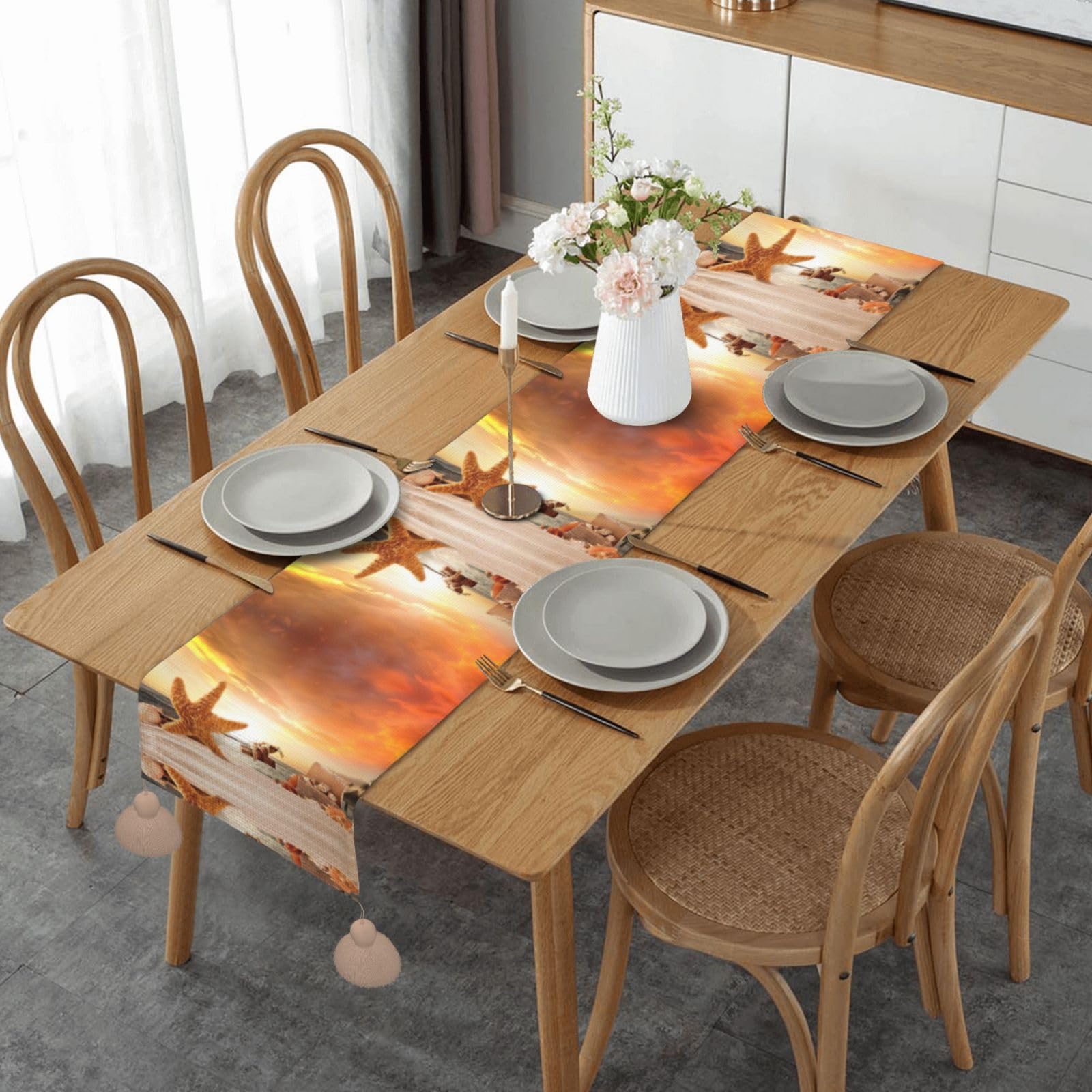 Chemin de table macramé pour vacances et fête bohème, style jaune étoile de mer