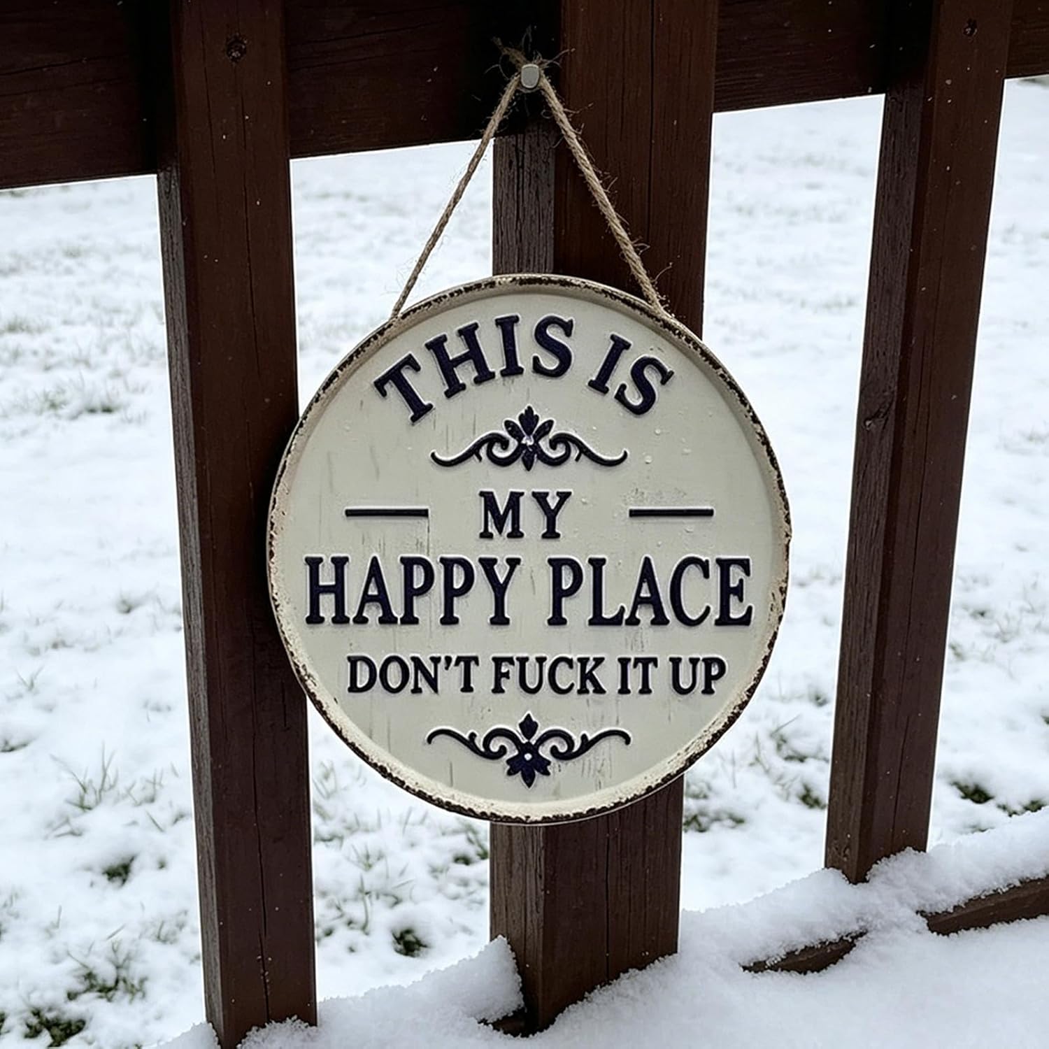 Happy Place – Vintage Statement Metal Sign, "This Is My Happy Place Don't Fuck It Up" Round Garden Wall Decor, Hanging Signs & Plaques, Funny Home Decorative for Front Door(Large)