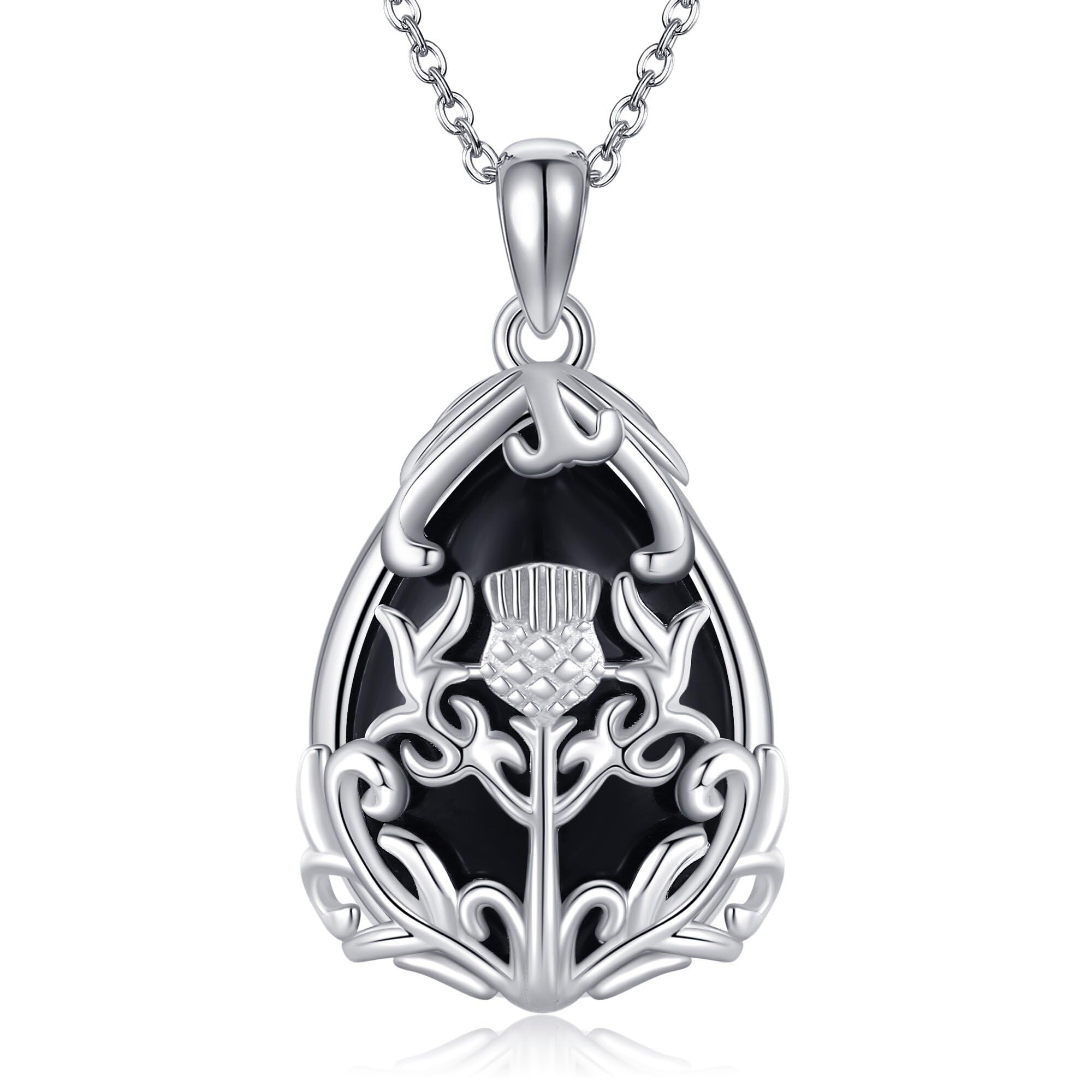 ONEFINITY Schottische Distel Halskette für Frauen 925 Sterling Silber Schwarzer Onyx Anhänger Halskette Distelschmuck Schottische Geschenke
