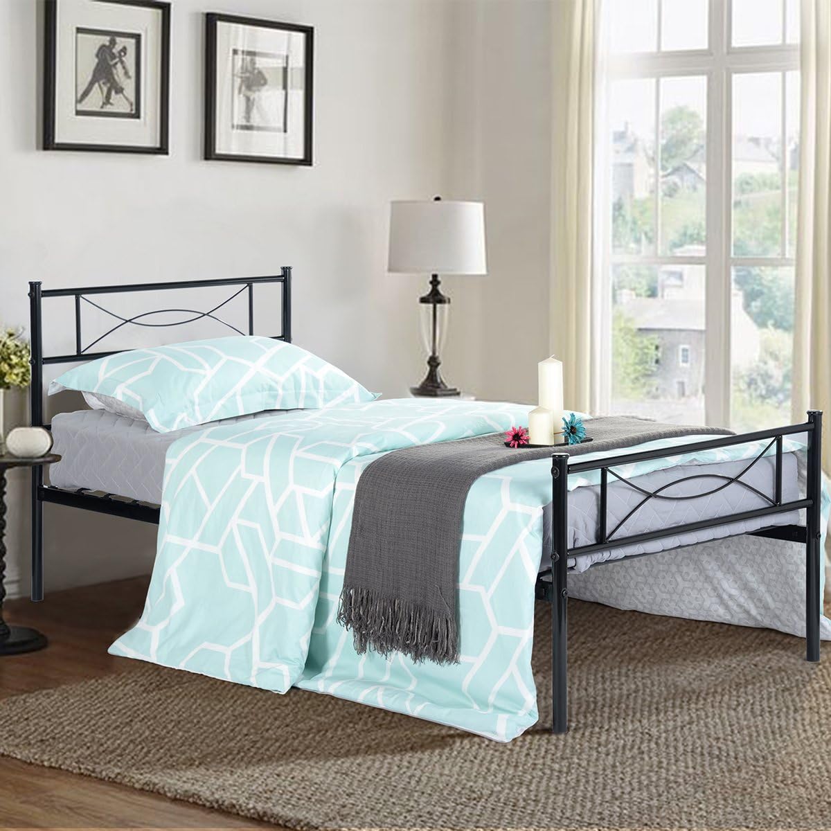 Metal Bed Frame Twin Size with Headboard and Footboard Mattress Foundation for Kids Adults Black