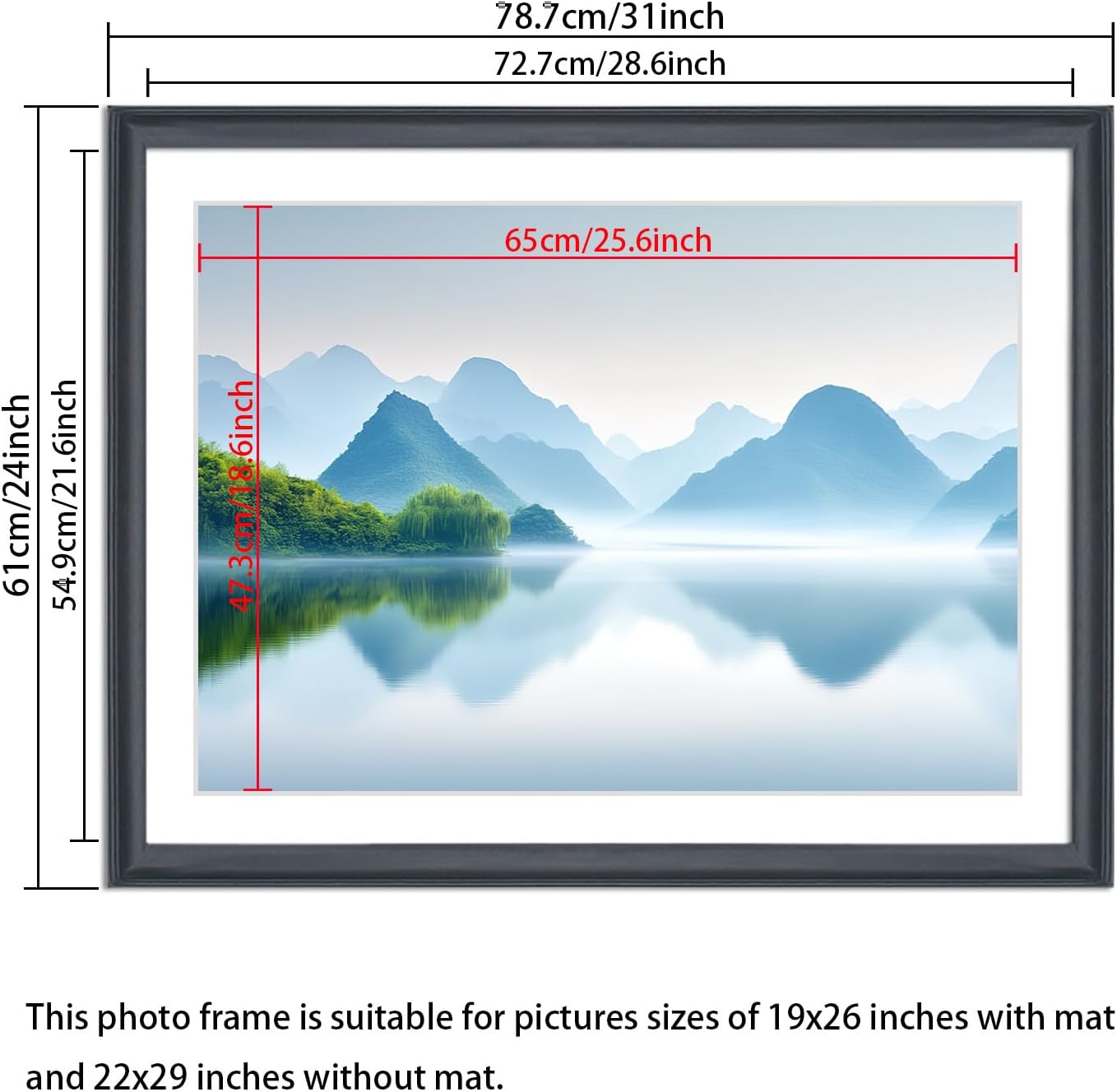 22x29 Panoramic Picture Frames Solid Wood ,With White Mat ,Fit 19x26 inch Photos with Mat or 22x29 without Mat，Poster Frame 22x29Photo Frames Family Wall 19x26 Picture Frame Black (L23B2229W1926)
