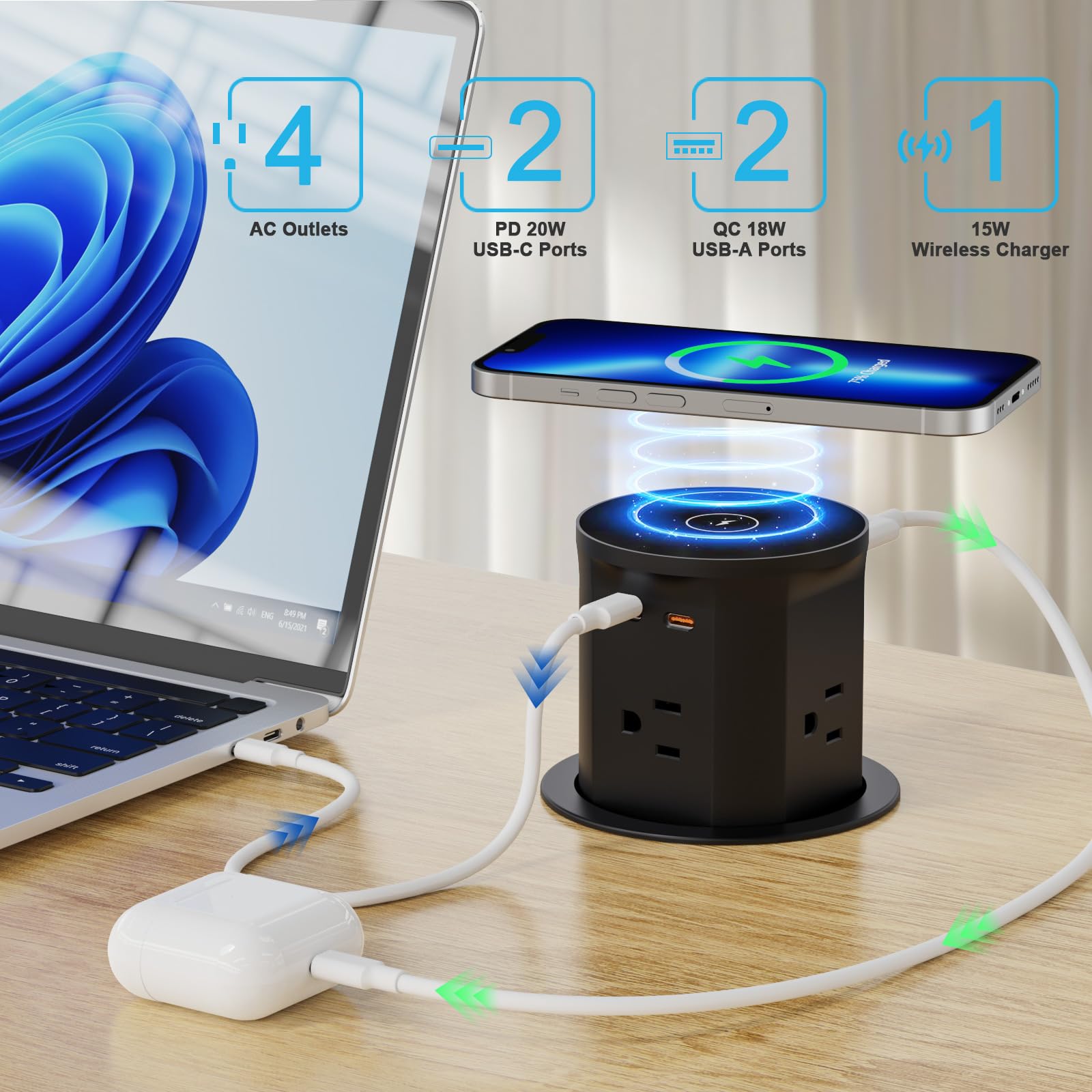 15 W bezprzewodowa ładowarka nablatowa wysuwana wyjście, szybkie ładowanie USB C 20 W i 4 wyjściami AC, 3,3-calowe wyjście komputerowe do biura, konferencji, blatu