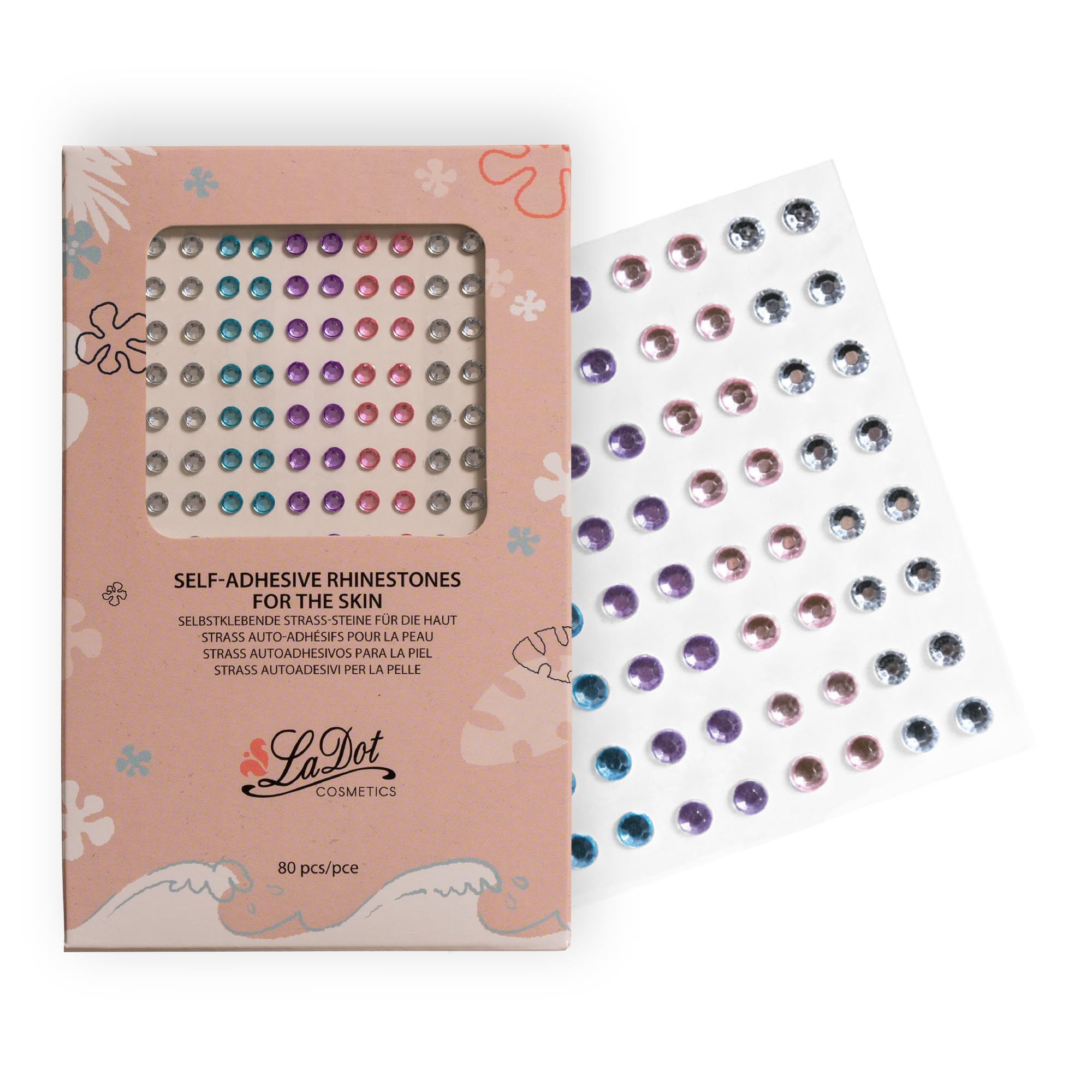 LaDot Brillantes Autoadhesivos para la Cara y el Cuerpo, Tatuaje Purpurina Agradable para la Piel, Decoración de Tatuajes Temporales para Adultos y Niños, Multicolor, 80 pza.