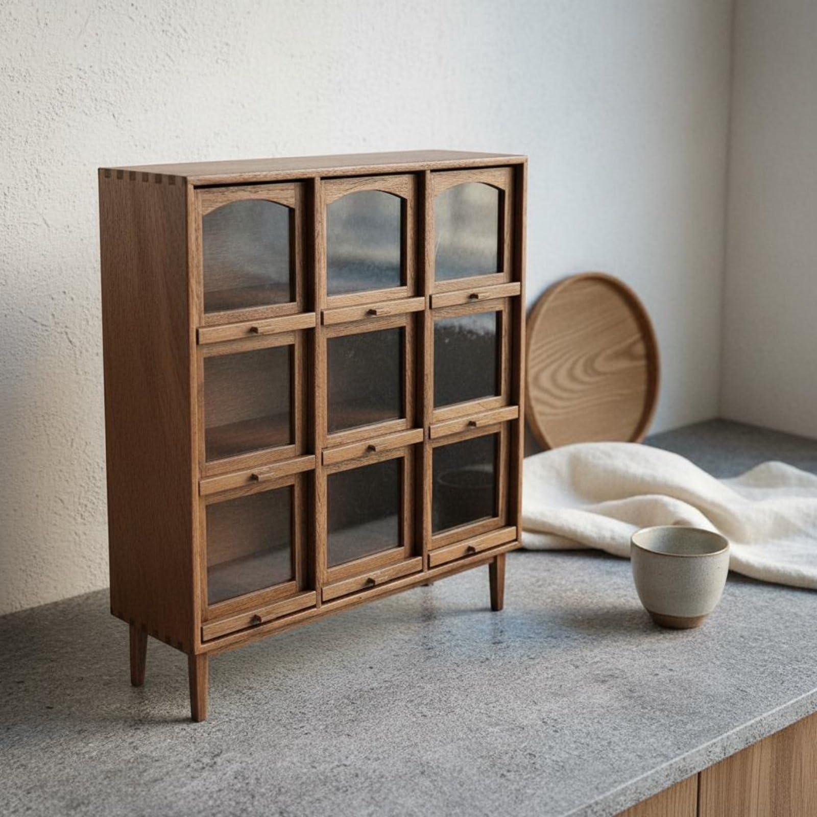 Miniatura Armadietto Scaffale Vetrinetta Credenza Legno con 9 Scomparti per Accessori Stile Rustico Giapponese Adatto per Casa Delle Bambole 1 12, 178x58x207 Mm, style to 1