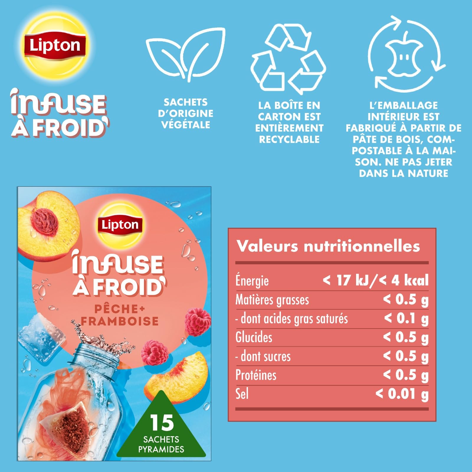 Lipton Té frío, sabor a melocotón y frambuesa, ideal para té helado, refrescante bebida de verano, 6 x 15 bolsas de pirámide