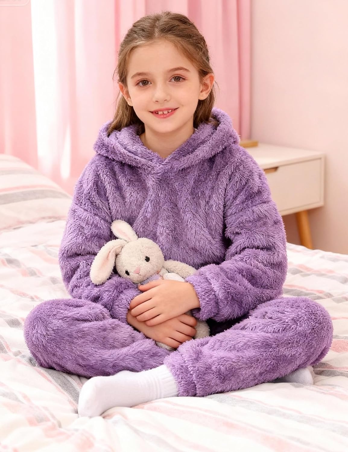 COZYPOIN Girls Fuzzy 2 Piece Outfits Sweatsuit Warm Bear Ear Fleece Hoodie Sweatshirt and Pants Cute Kids Clothing Sets - Image 5
