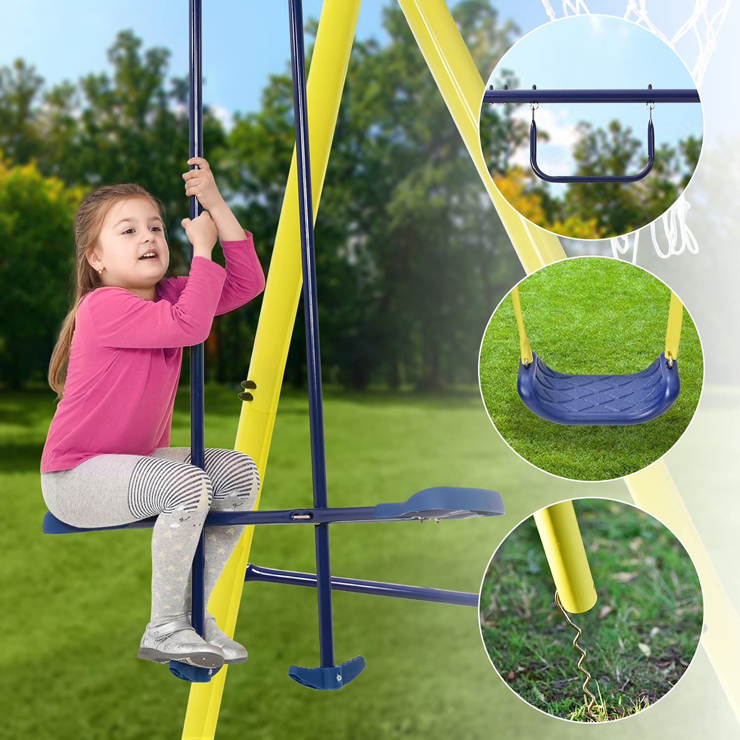 Metal Swing Set with Slide , Kids Swing Set Outdoor with Swing Glider