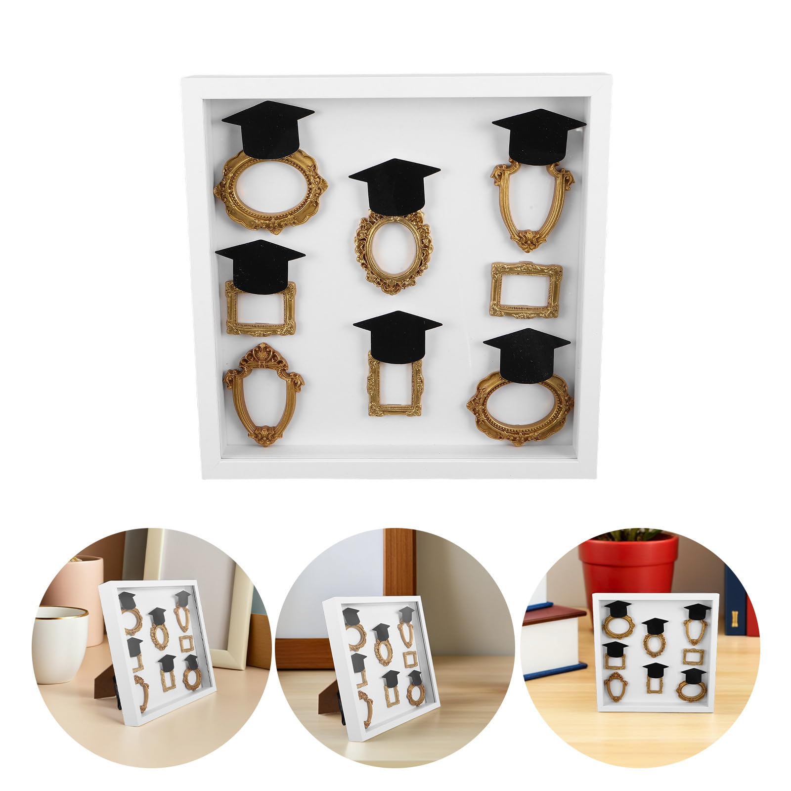 Selbstgemacht Miniatur Schattenbox mit 8 Rahmen und 6 Hüten, Weiß
