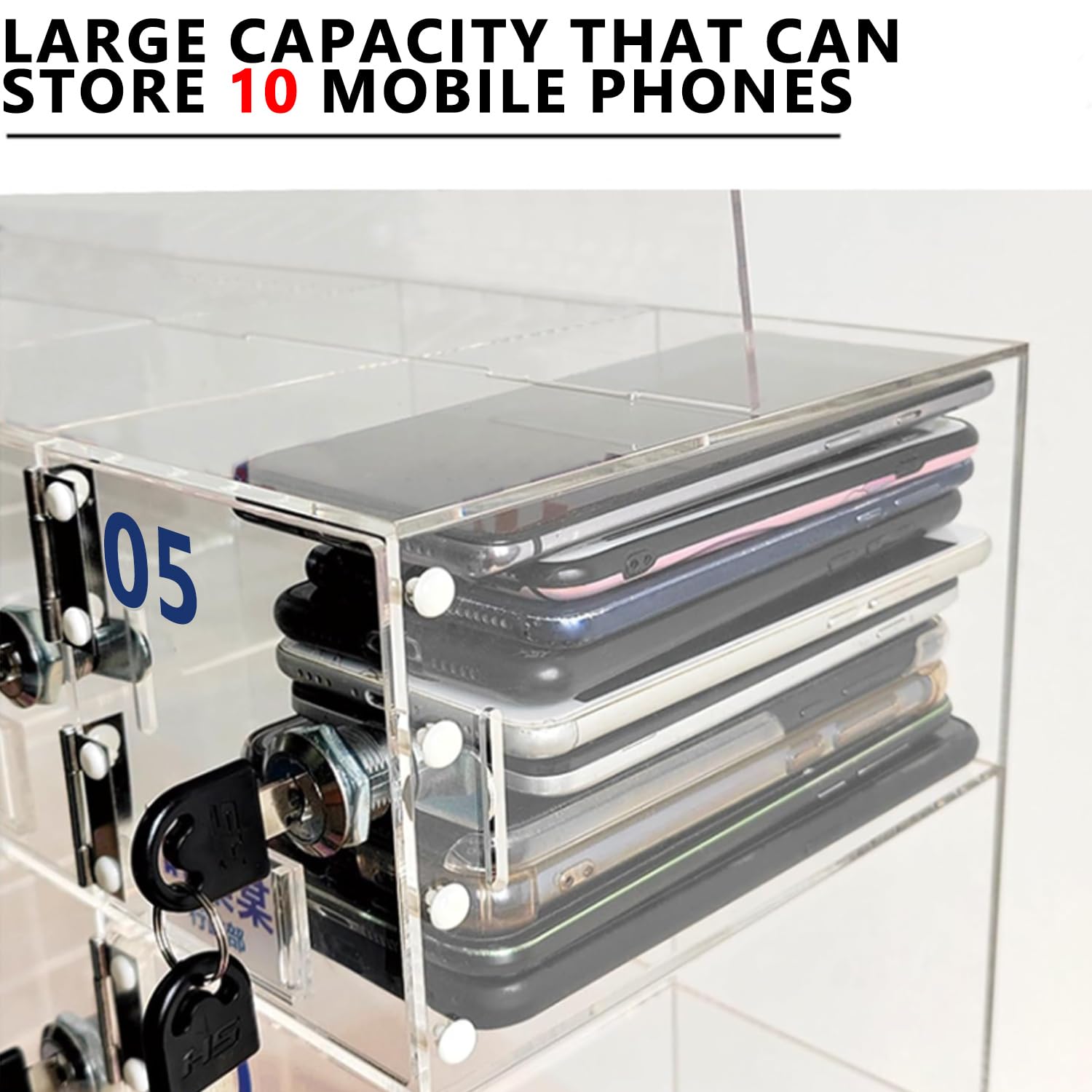 Taquilla para Guardar Móviles, 10 Compartimentos Acrílico Caja Almacenamiento Personal, Caja Móviles con Cerradura Llave, Armario de Pared con Ranura Tarjetas, para Aulas y la Fábrica