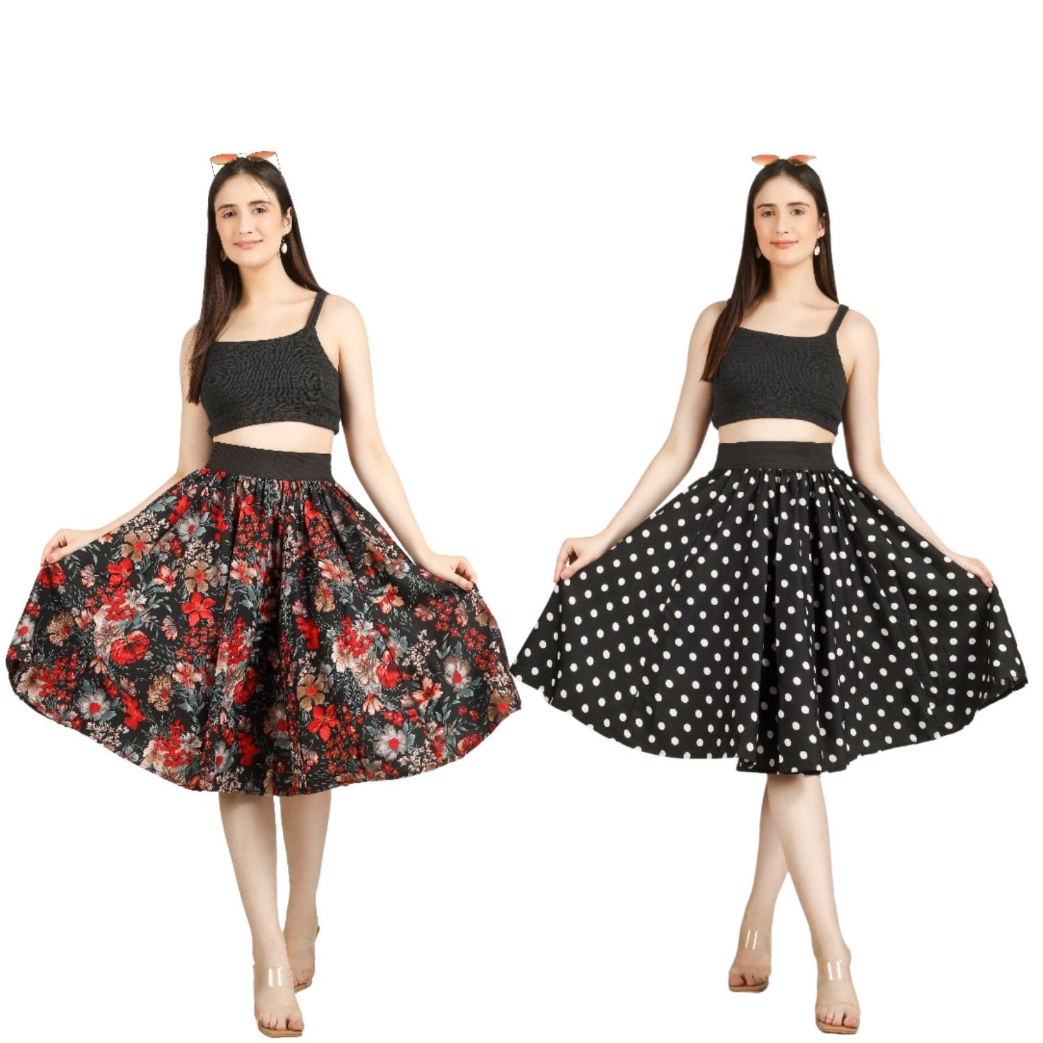 Women's Flared Midi Skirt, Floral and Polka Dot Print, Black, Elasticated Waist, Pack of 2-picture-17