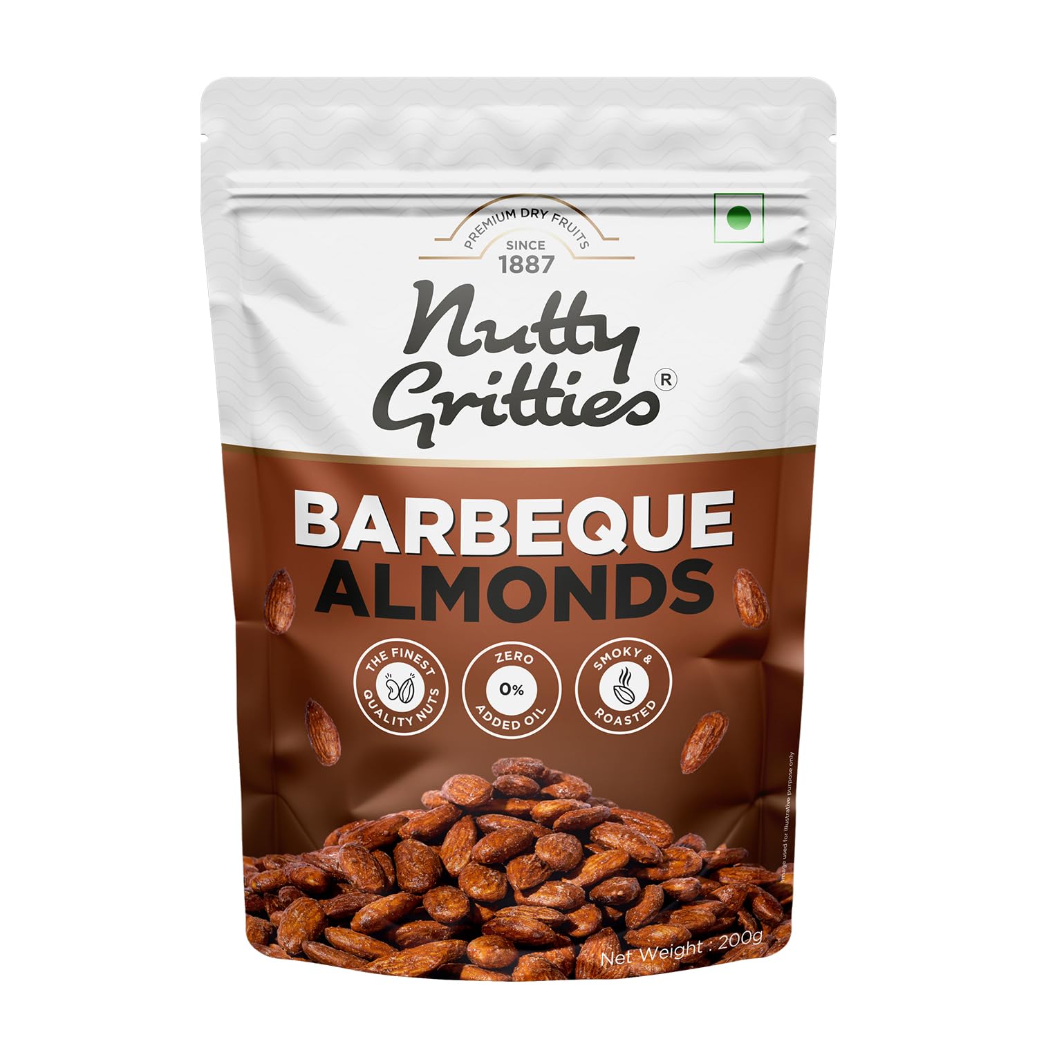 Nutty Gritties Party snacks Barbeque Almonds (BBQ) 200g - Healthy Party Snack, Dry Roasted, Non Fried, Zero Oil, Crunchy, Tasty | Resealable Pouch