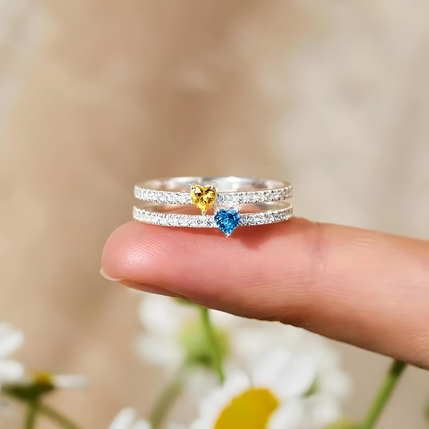 Personalized Double Heart Zircon Name Ring for Women, Fashion Two-Layer Heart Design, Platinum Plated Statement Band, Custom Engraved Gift for Her
