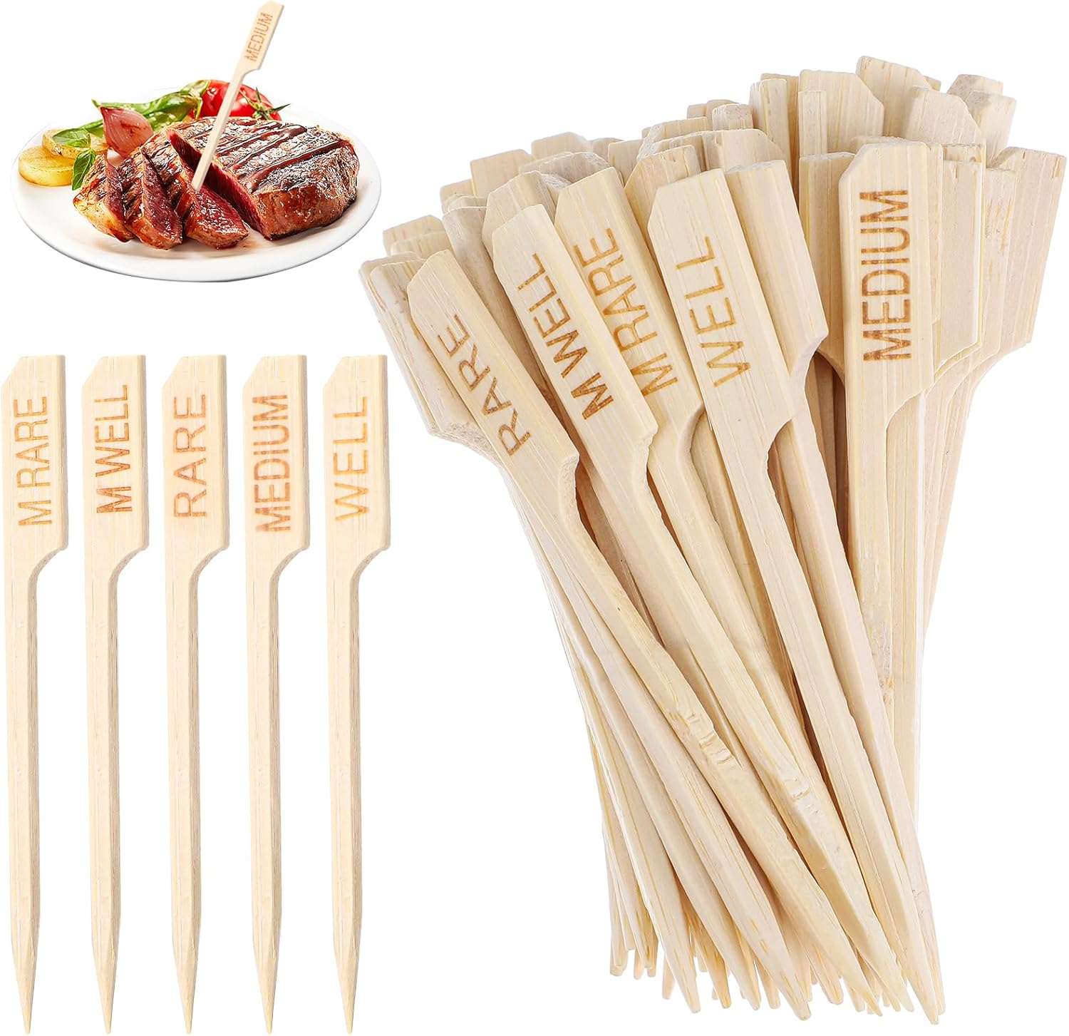 1000個 4.72インチ 竹製ステーキマーカー 肉の出来上がり温度スティック バーベキュー串 グリル ロースト カクテルパーティー