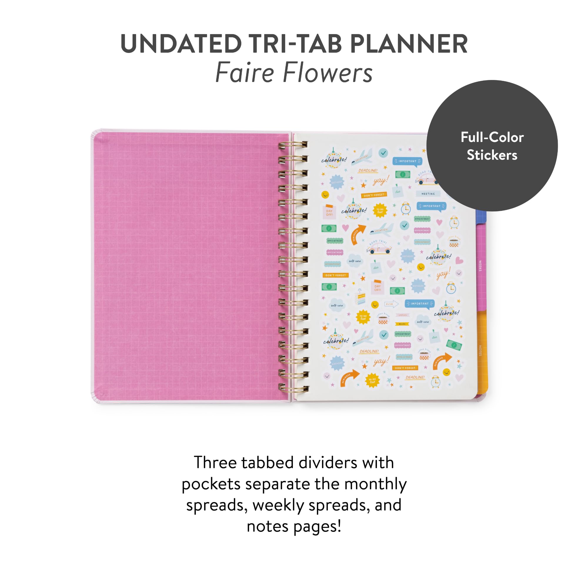 Agenda giornaliera senza date, planner settimanale e mensile con adesivi, calendario Orange Circle Studio 17 mesi, 17,8 x 24,4 cm, ideale per scuola e ufficio, planner Tri-Tab, stampa fiera floreale