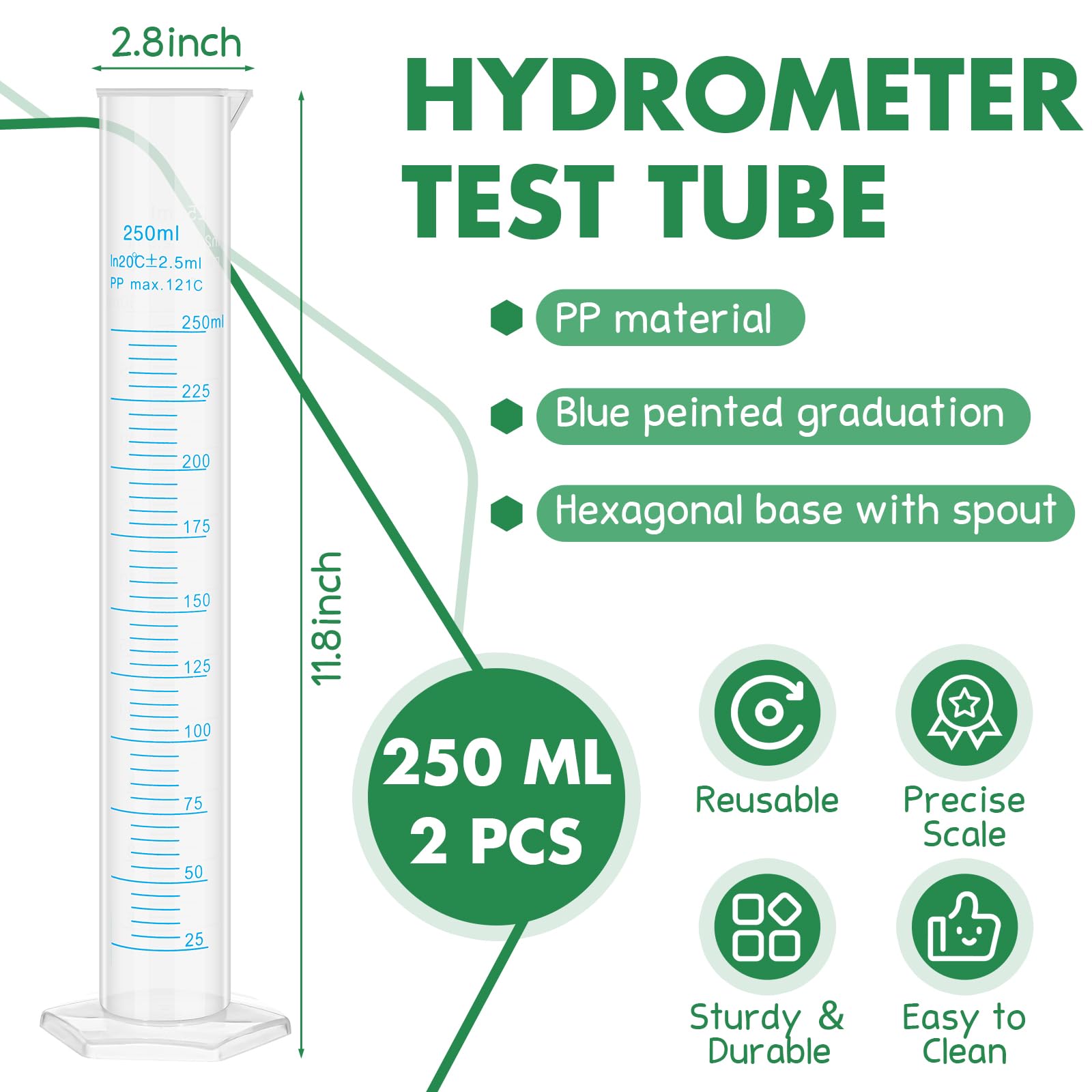 Affrolling 2 Pack 250ml Plastic Graduated Cylinder Hydrometer Test Tube Science Measuring Transparent Durable Lab Tube Milliliter Graduated Cylinder for Test Hydrometer Science Projects