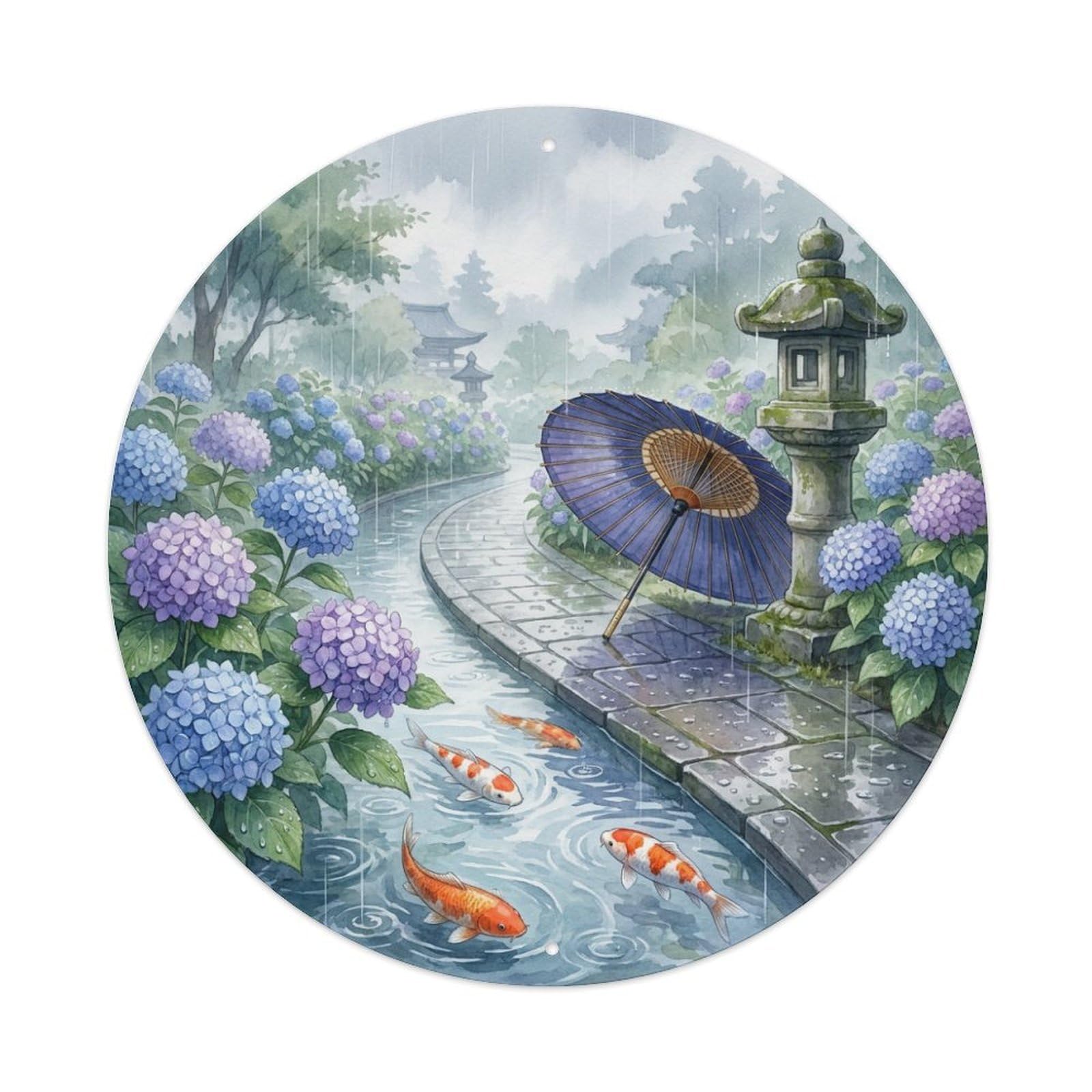 Tgrcjimh Style Metal Tin Sign Japanese Koi Fish Hydrangea Rain Blue Purple