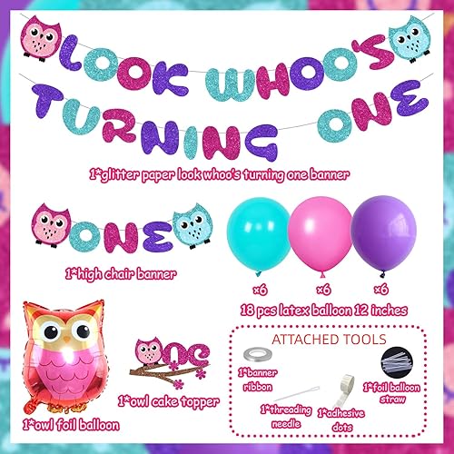 Miniatura 2 de 50 piezas de decoración de fiesta de primer cumpleaños de búho de dibujos animados para niños y niñas con Look Who's Turning One, globo de látex,