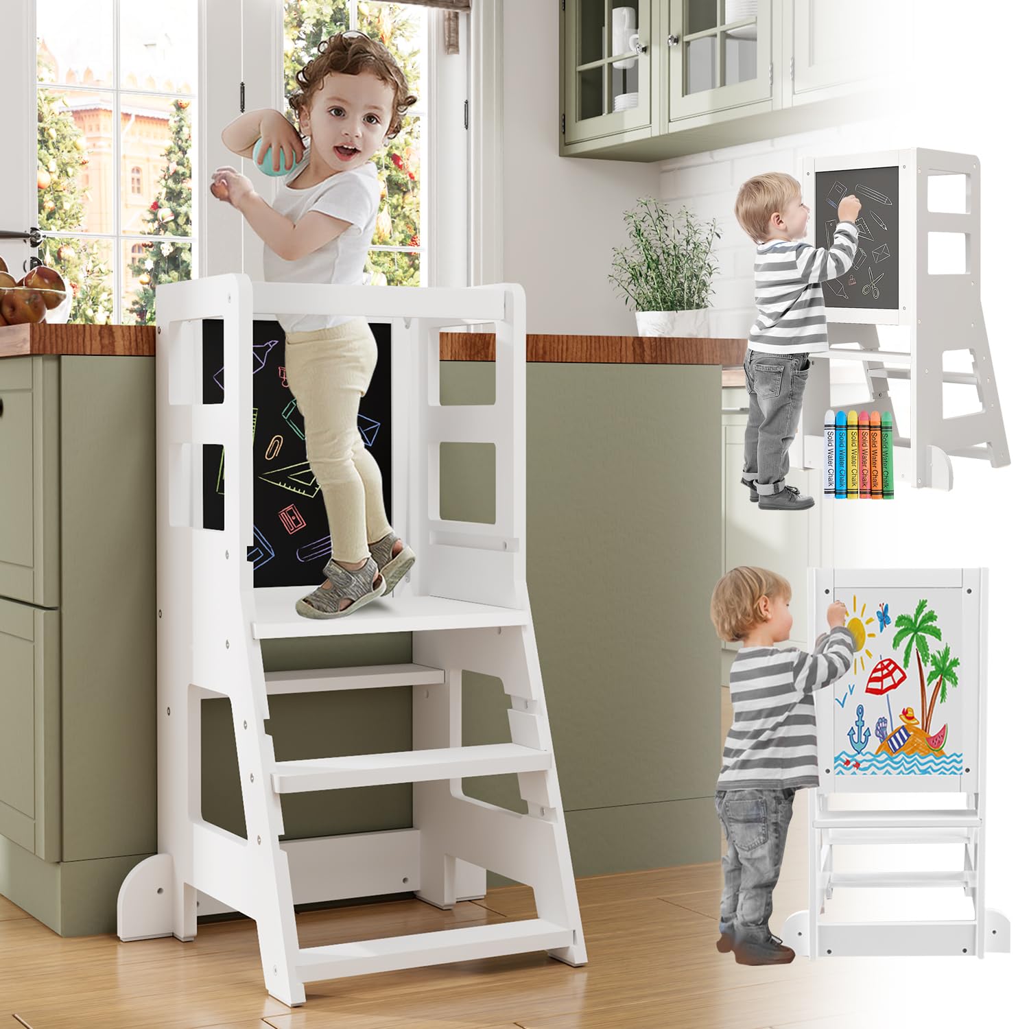 SWIMSKUAD Toddler Tower Kitchen Step Stool with 3 Adjustable Height, Standing Tower with Safety Rail & Magnetic Whiteboard & Blackboard & Chalk, Safe Toddler Tower for Kitchen/Counter/Shelf/Sink white