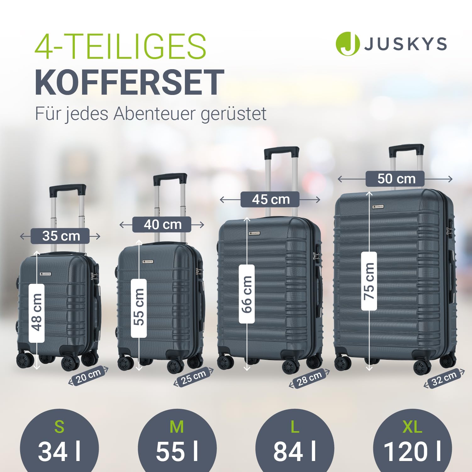 Juskys Zestaw walizek z zamkiem szyfrowym, kółkami 360°, uchwytem teleskopowym – lekki i wytrzymały ABS, Antracyt, 4 pezzi, Zestaw walizek