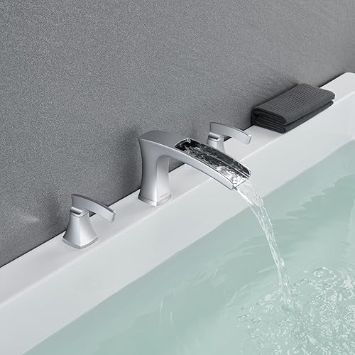 Miniatura 4 de Grifo de bañera romana de cascada, grifo de bañera cromado para montaje en cubierta, grifos de baño de latón de 3 agujeros con 2 asas