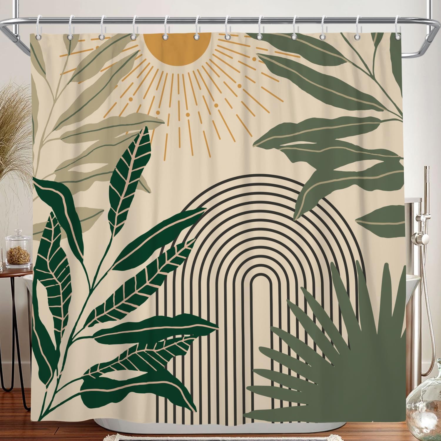 Boho Sage Green Shower Curtain, Mid Century Abstract Leaf Arch Sunset Modern Botanical Bathroom Shower Curtains Geometric Bath Accessories Waterproof Fabric with Hooks 72x72 Inch